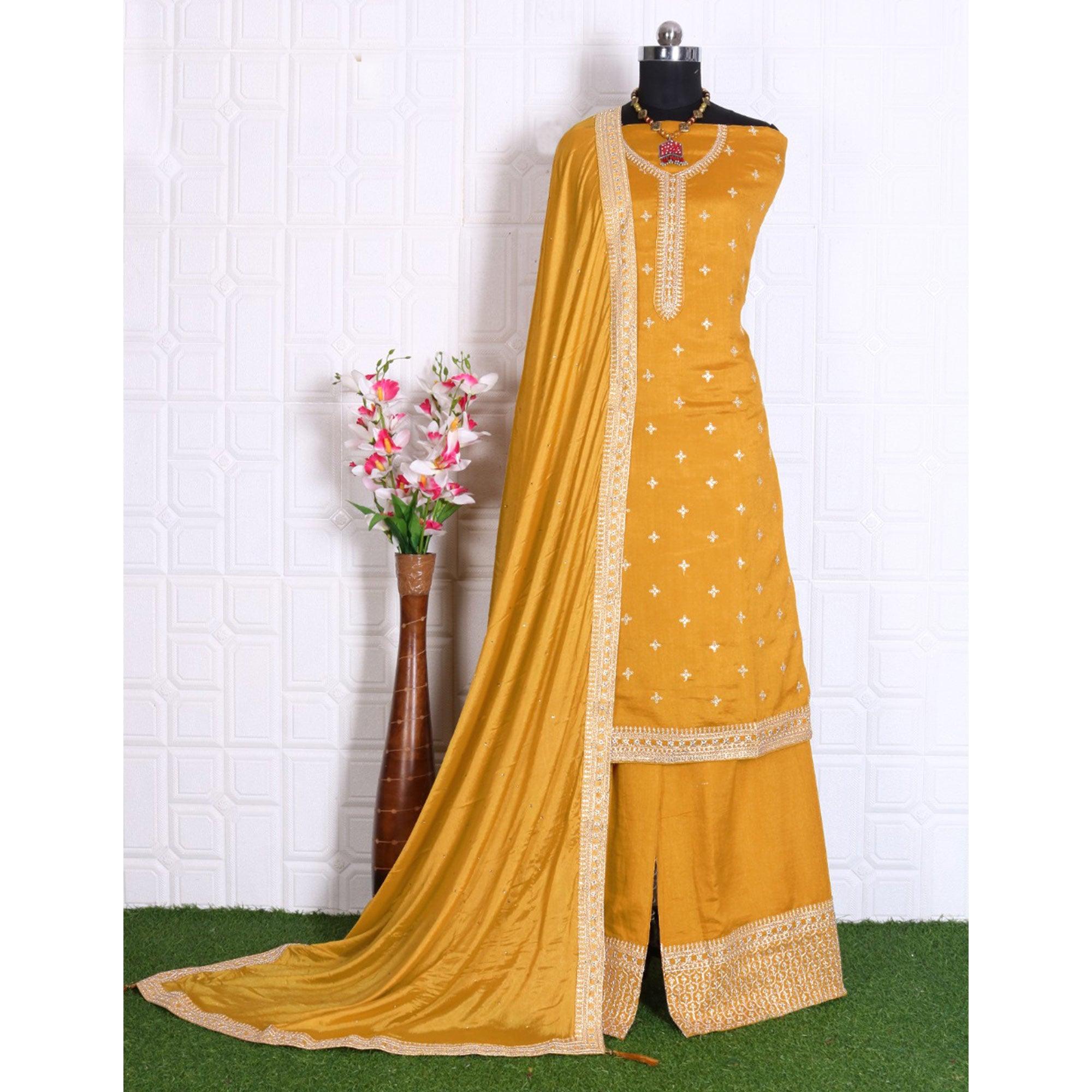 Yellow Party Wear Embroidered Silk Georgette Palazzo Suit - Peachmode