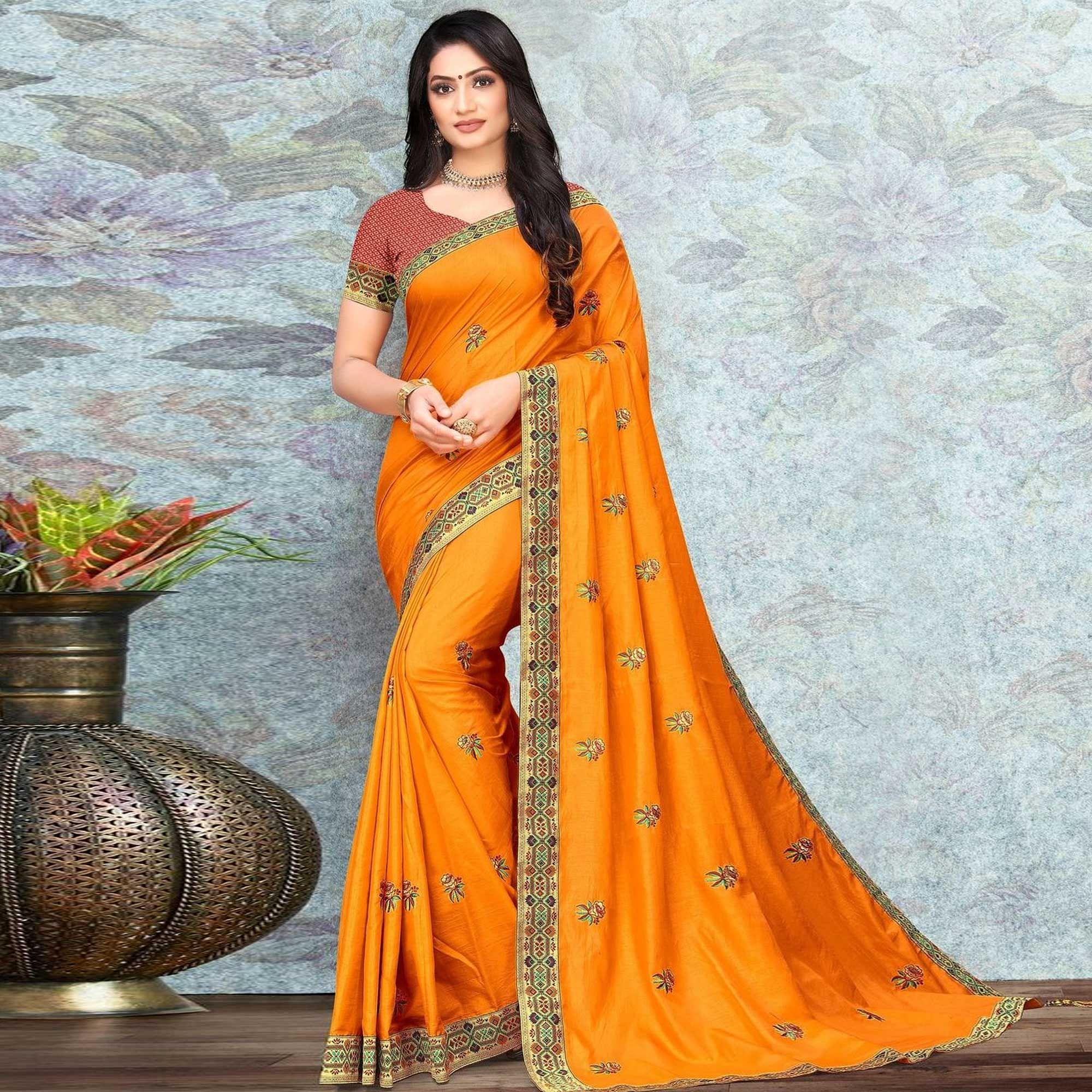 Yellow Party Wear Embroidered Silk Saree - Peachmode