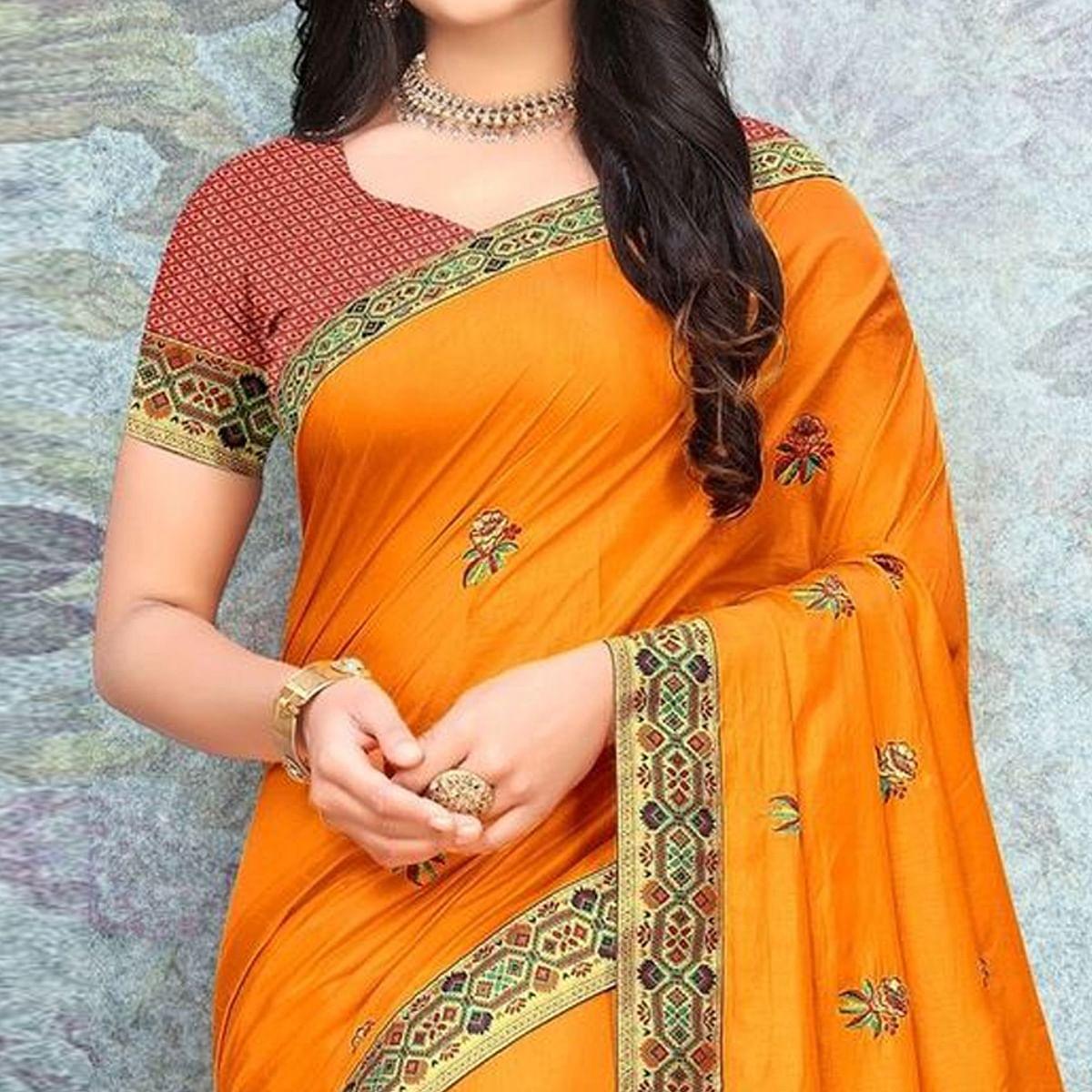 Yellow Party Wear Embroidered Silk Saree - Peachmode