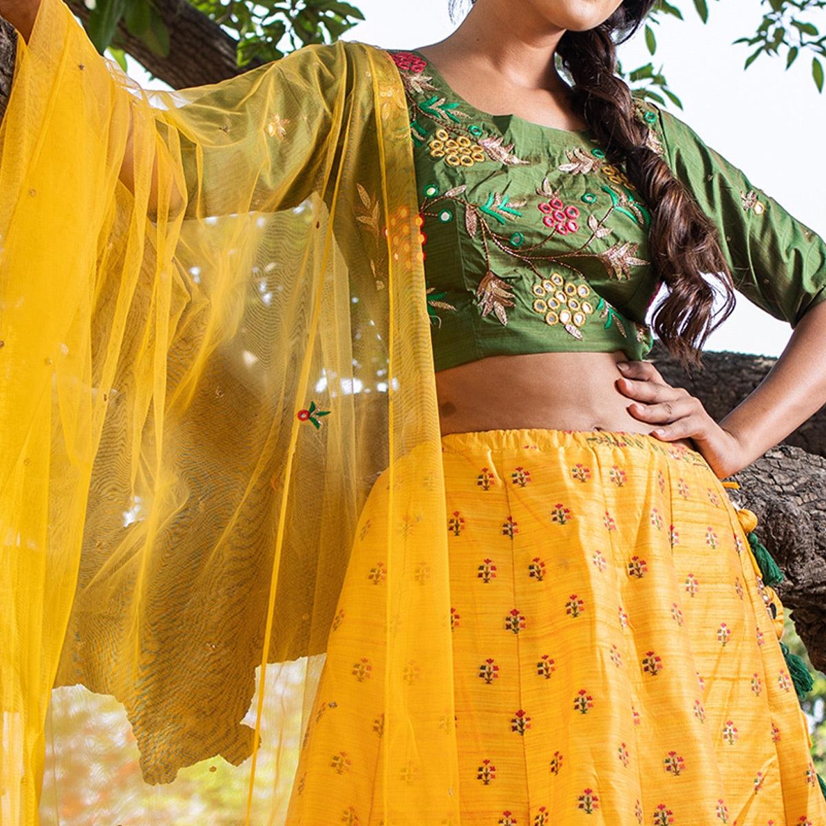 Yellow Party Wear Embroidered Soft Silk Lehenga Choli - Peachmode