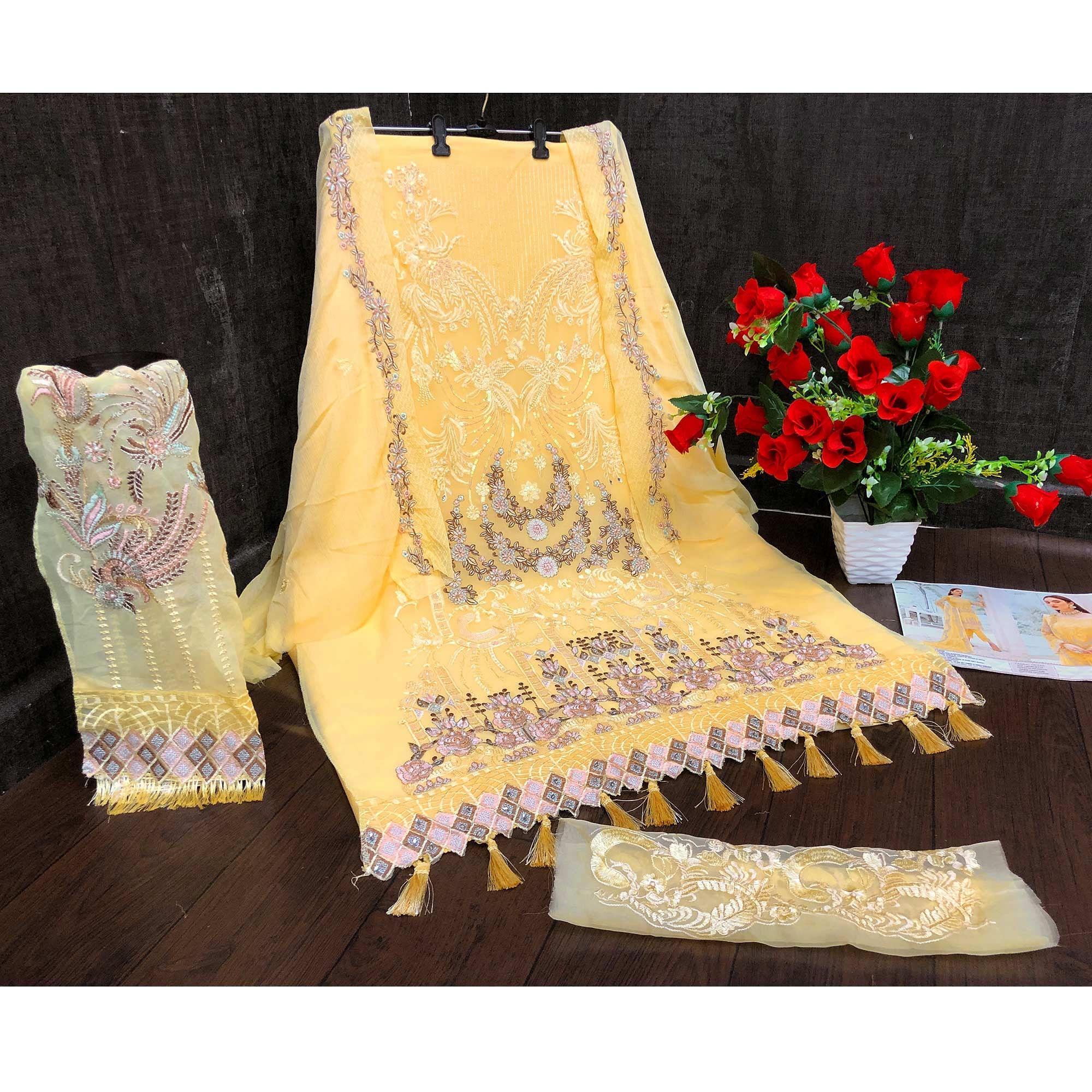 Yellow Party Wear Floral Embroidered Georgette Straight Salwar Suit - Peachmode
