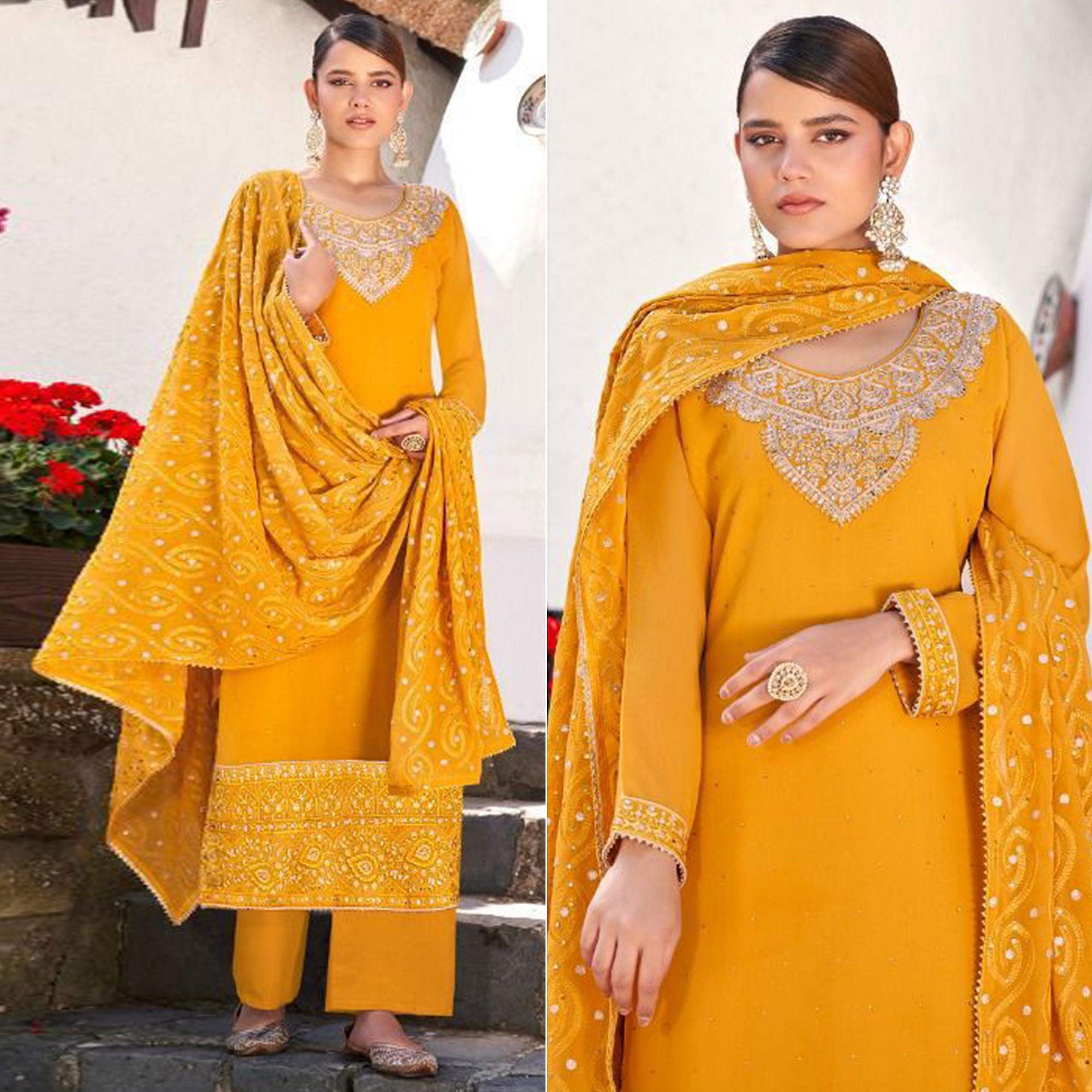 Yellow Party Wear Heavy Embroidered Georgette Suit - Peachmode