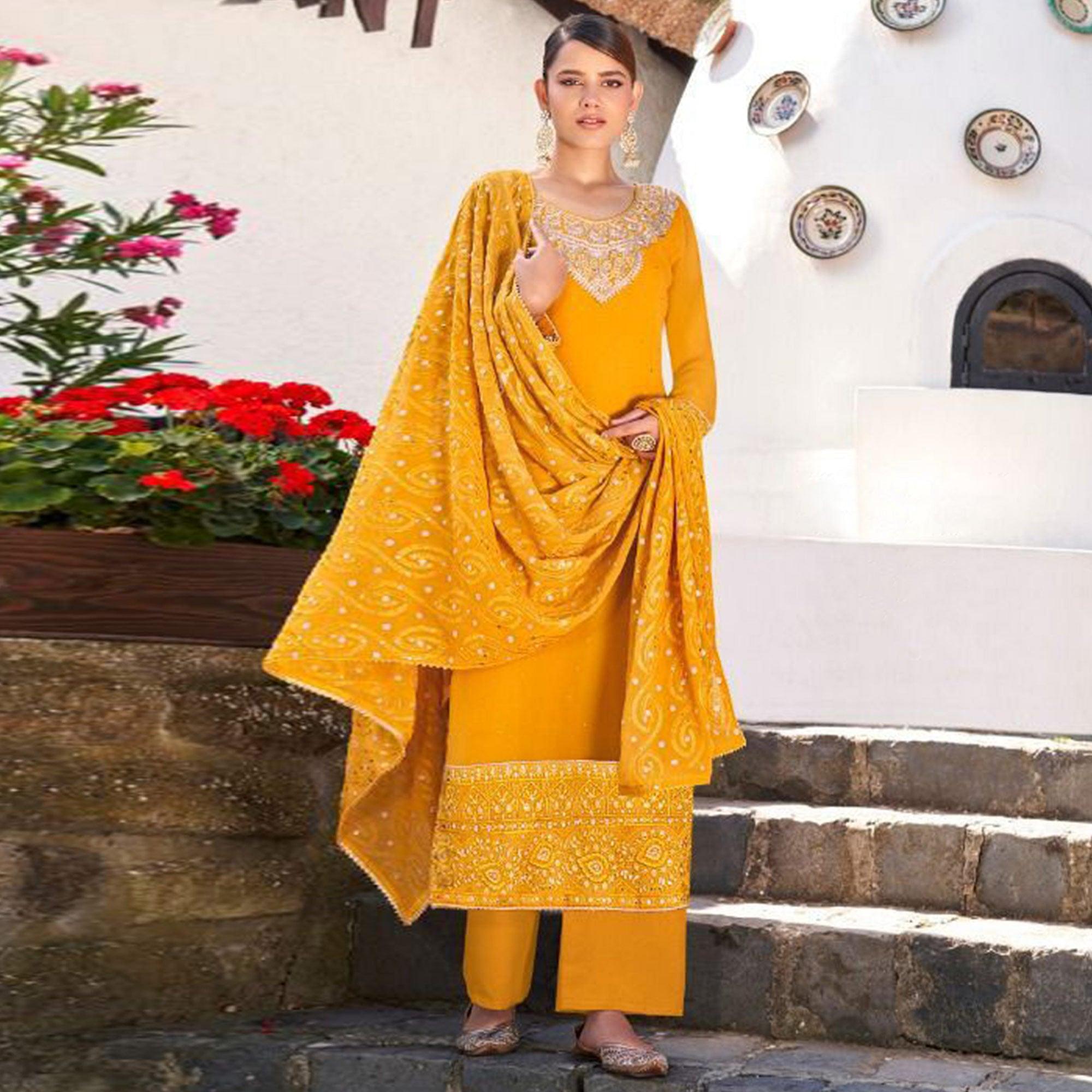Yellow Party Wear Heavy Embroidered Georgette Suit - Peachmode