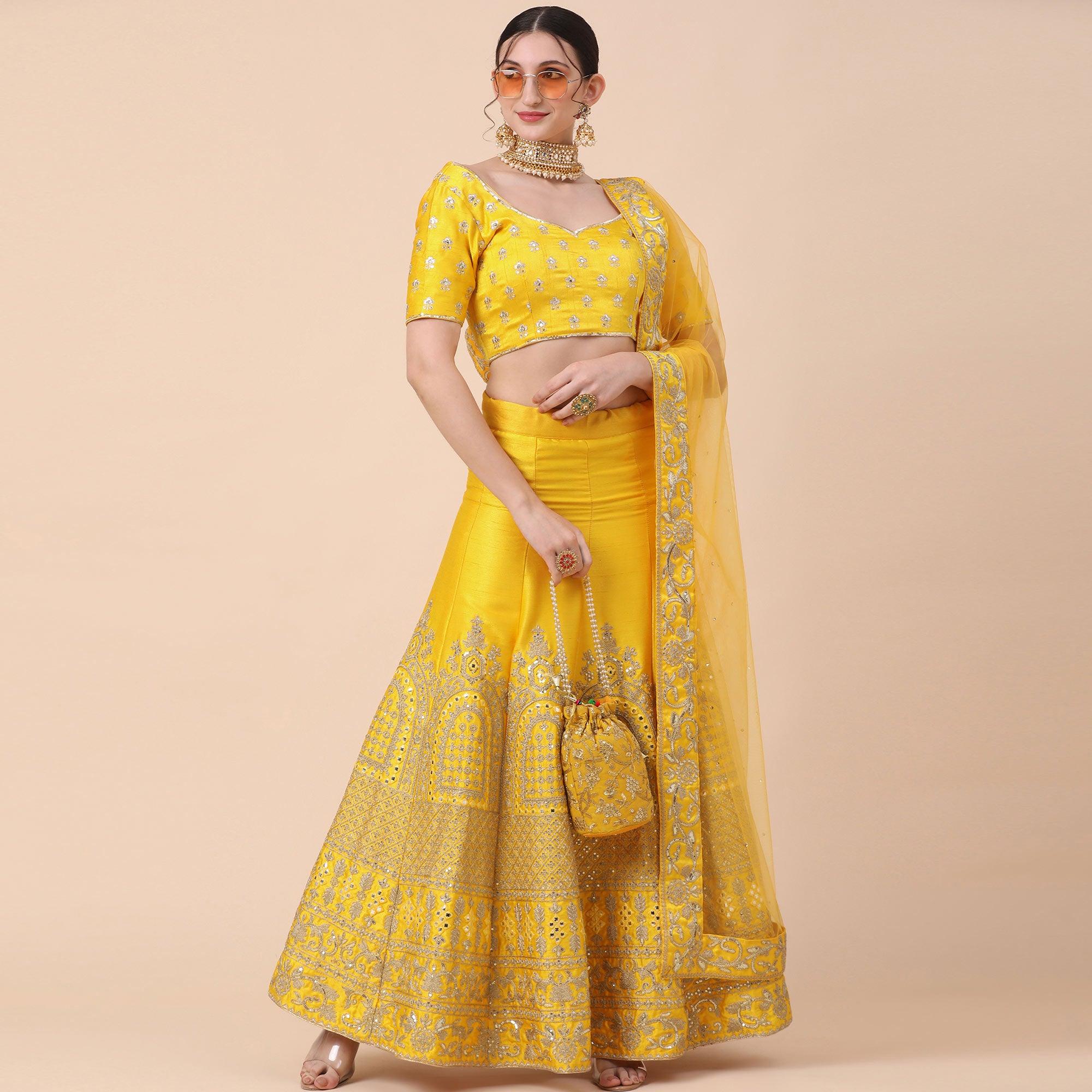 Yellow Party Wear Sequence Embroidered Silk Lehenga Choli - Peachmode
