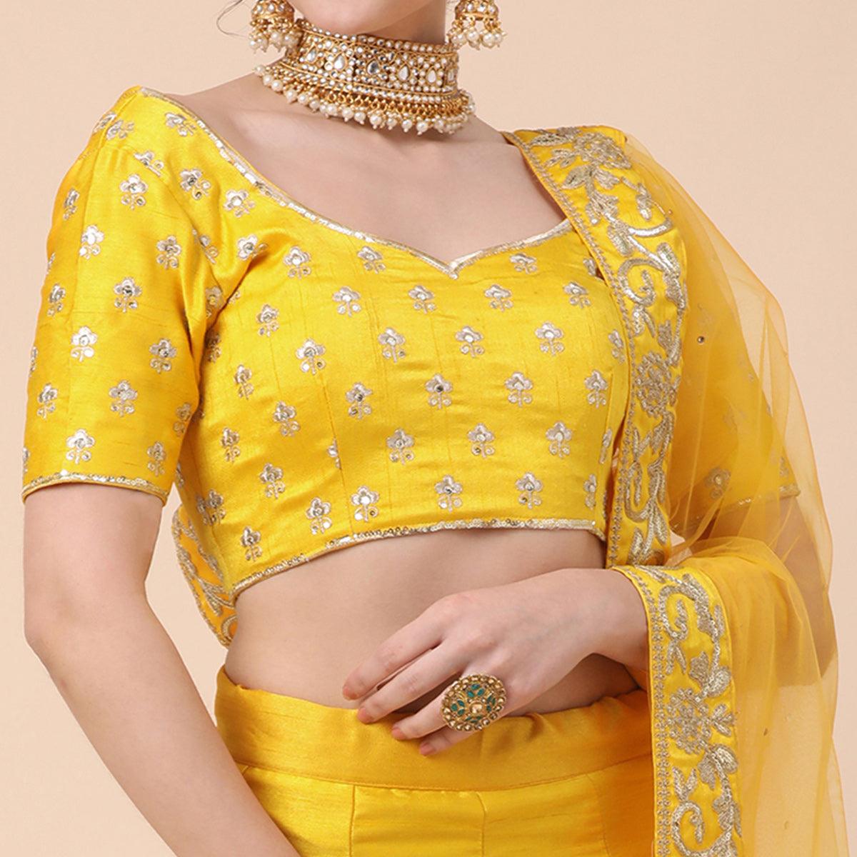 Yellow Party Wear Sequence Embroidered Silk Lehenga Choli - Peachmode