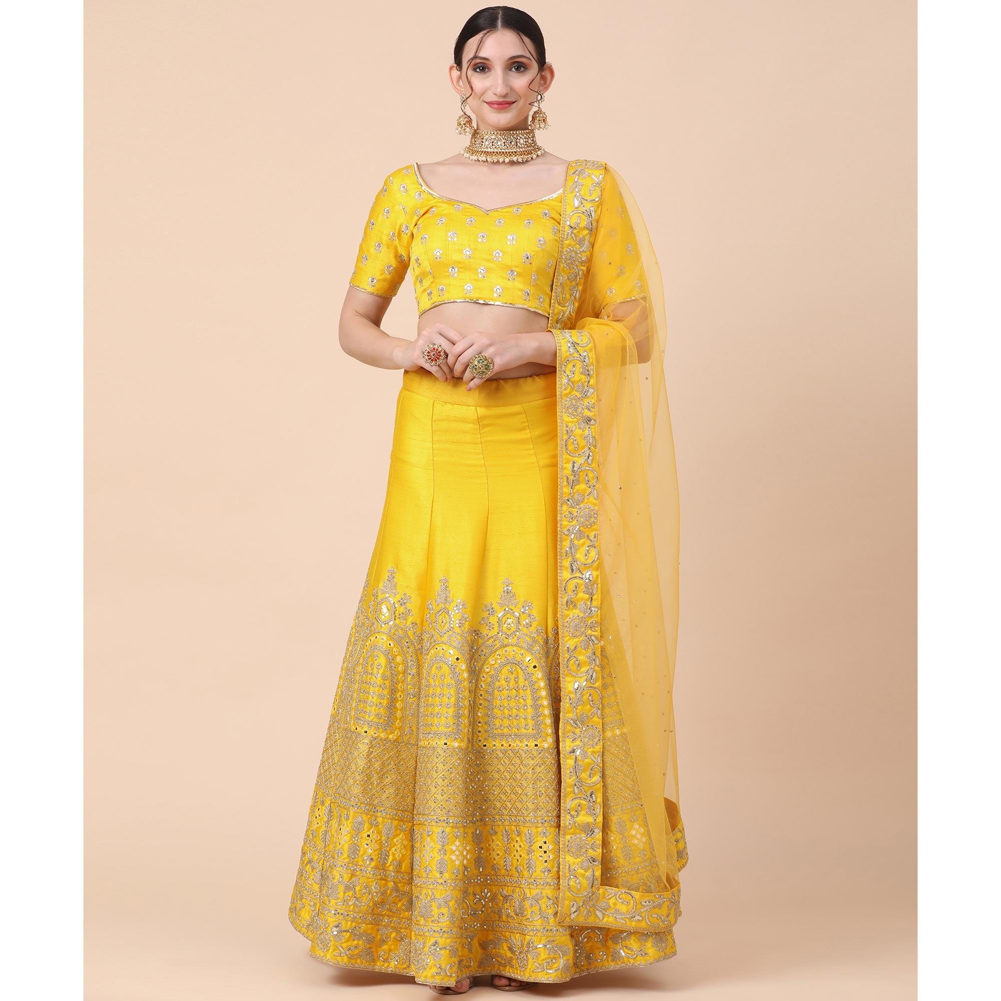 Yellow Party Wear Sequence Embroidered Silk Lehenga Choli - Peachmode