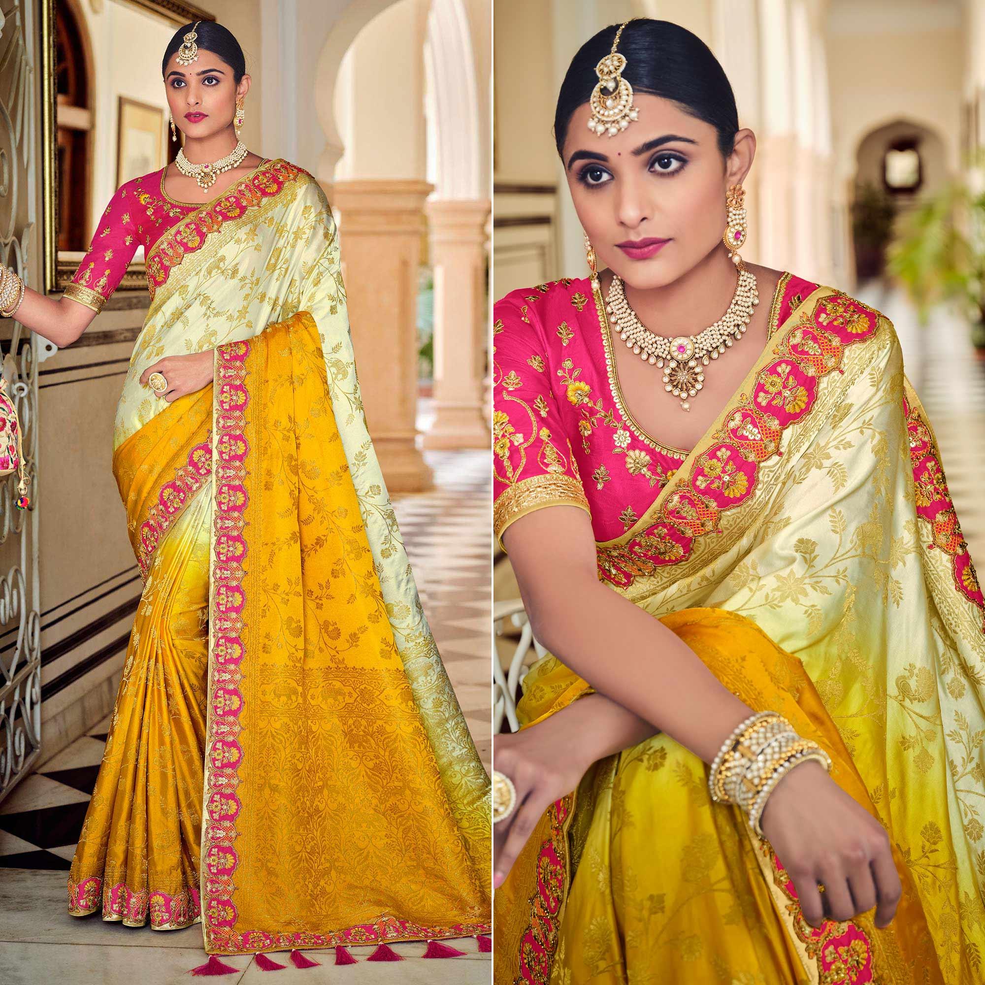 Yellow Party Wear Woven-Embroidered Silk Saree - Peachmode