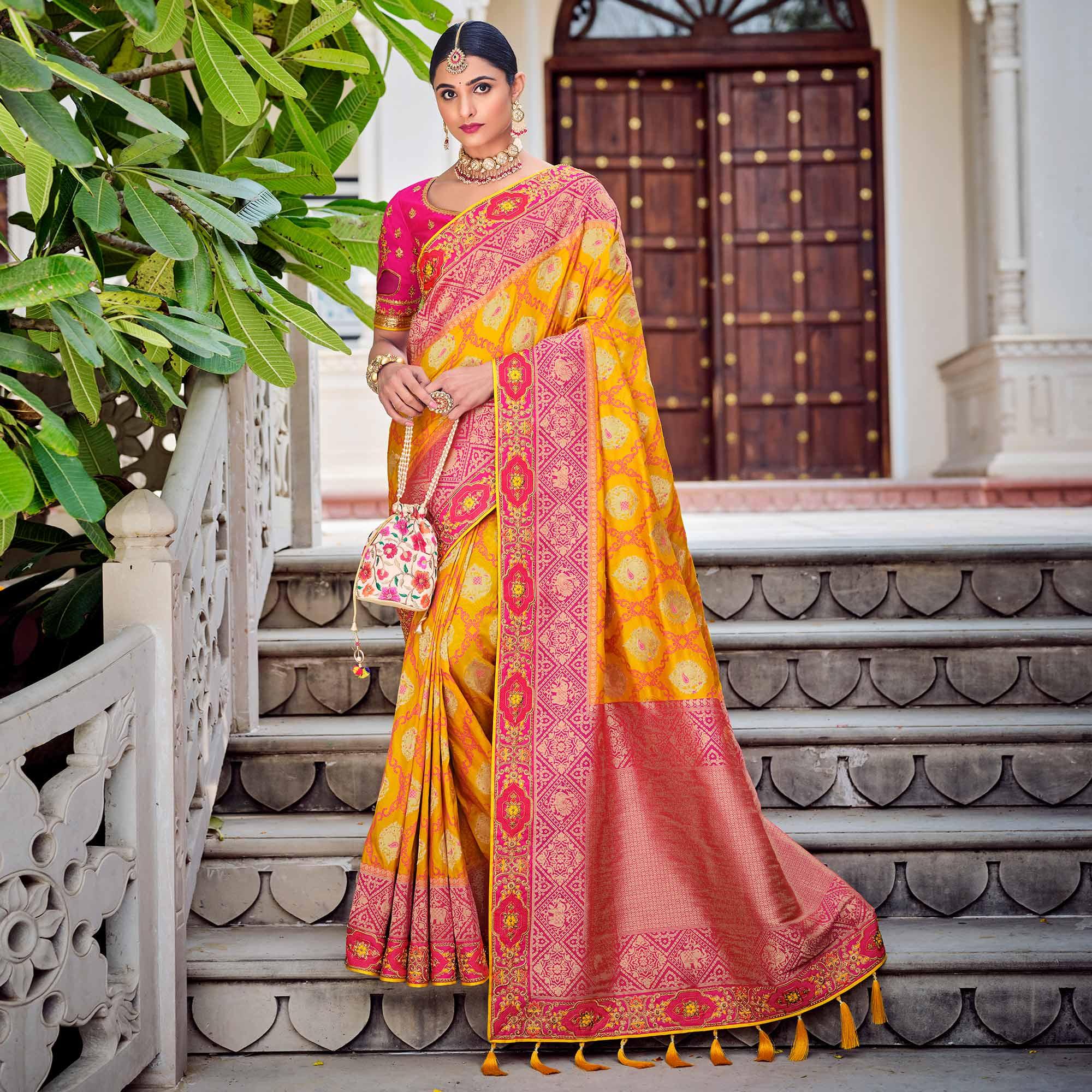 Yellow Party Wear Woven-Embroidered Silk Saree - Peachmode