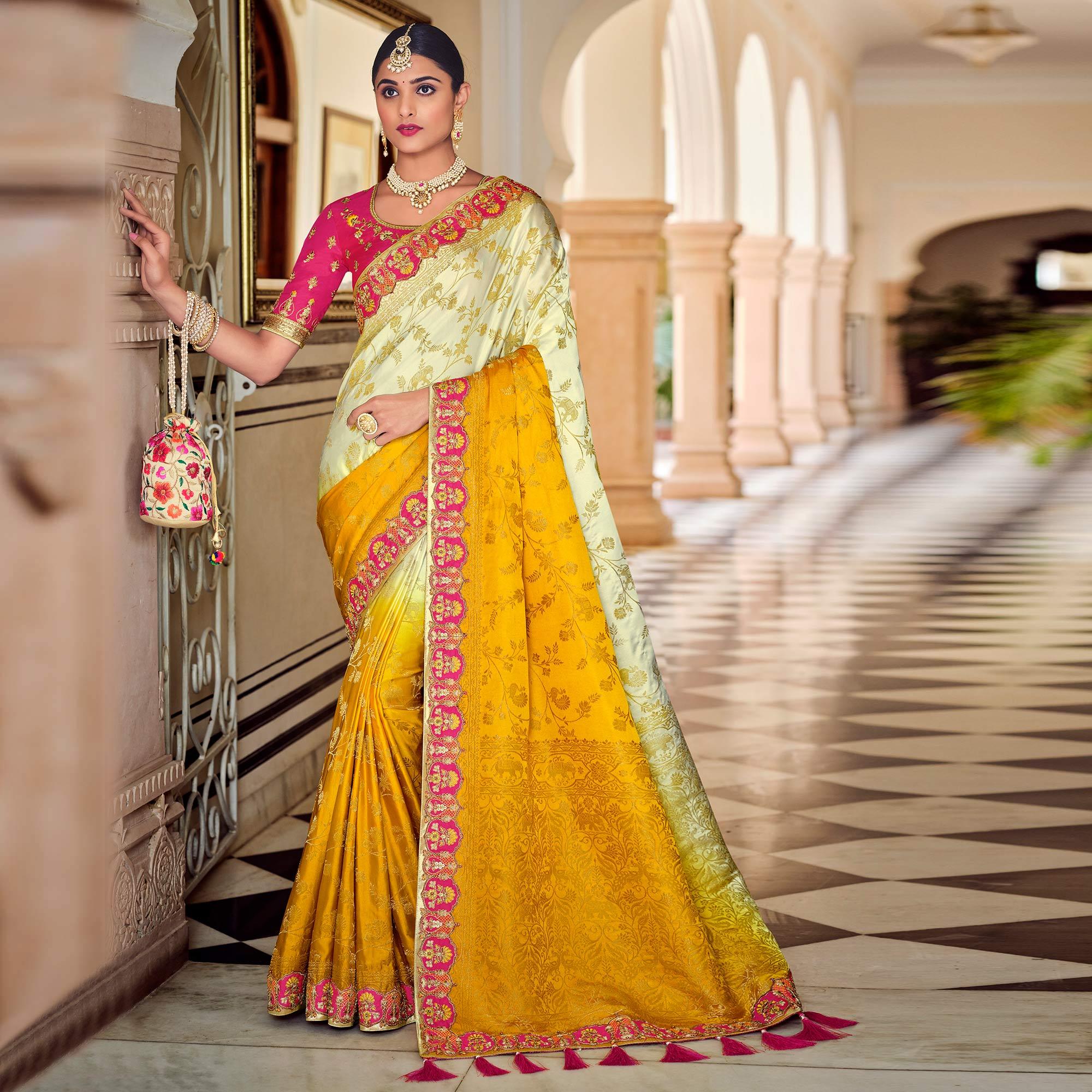 Yellow Party Wear Woven-Embroidered Silk Saree - Peachmode