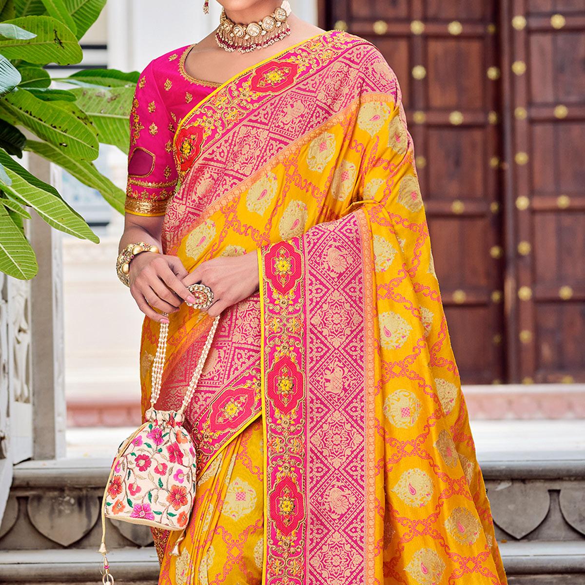 Yellow Party Wear Woven-Embroidered Silk Saree - Peachmode