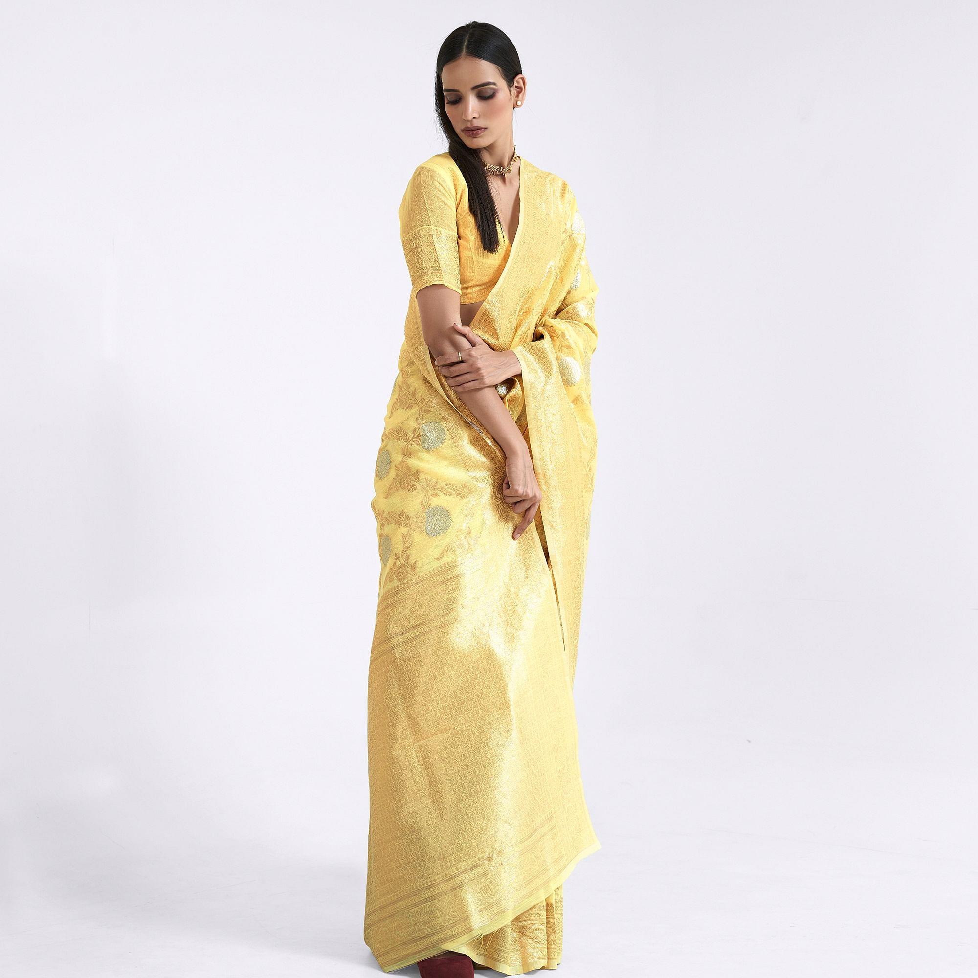 Yellow Party Wear Woven Pure Linen Saree - Peachmode