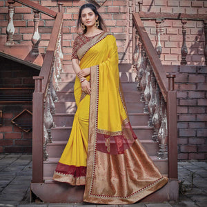 Yellow Party Wear Woven Silk Georgette Saree - Peachmode
