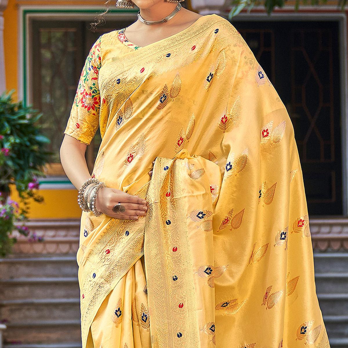Yellow Partywear Banarasi Woven Silk Saree with Kashmiri Pallu - Peachmode