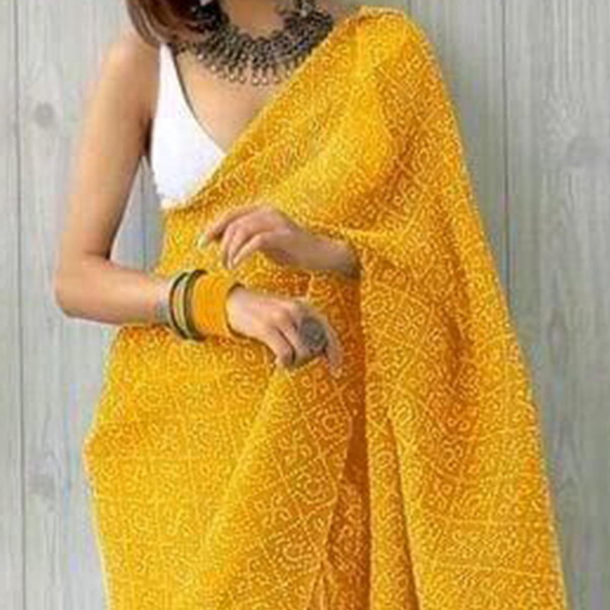 Yellow Partywear Bandhani Printed Georgette Saree - Peachmode