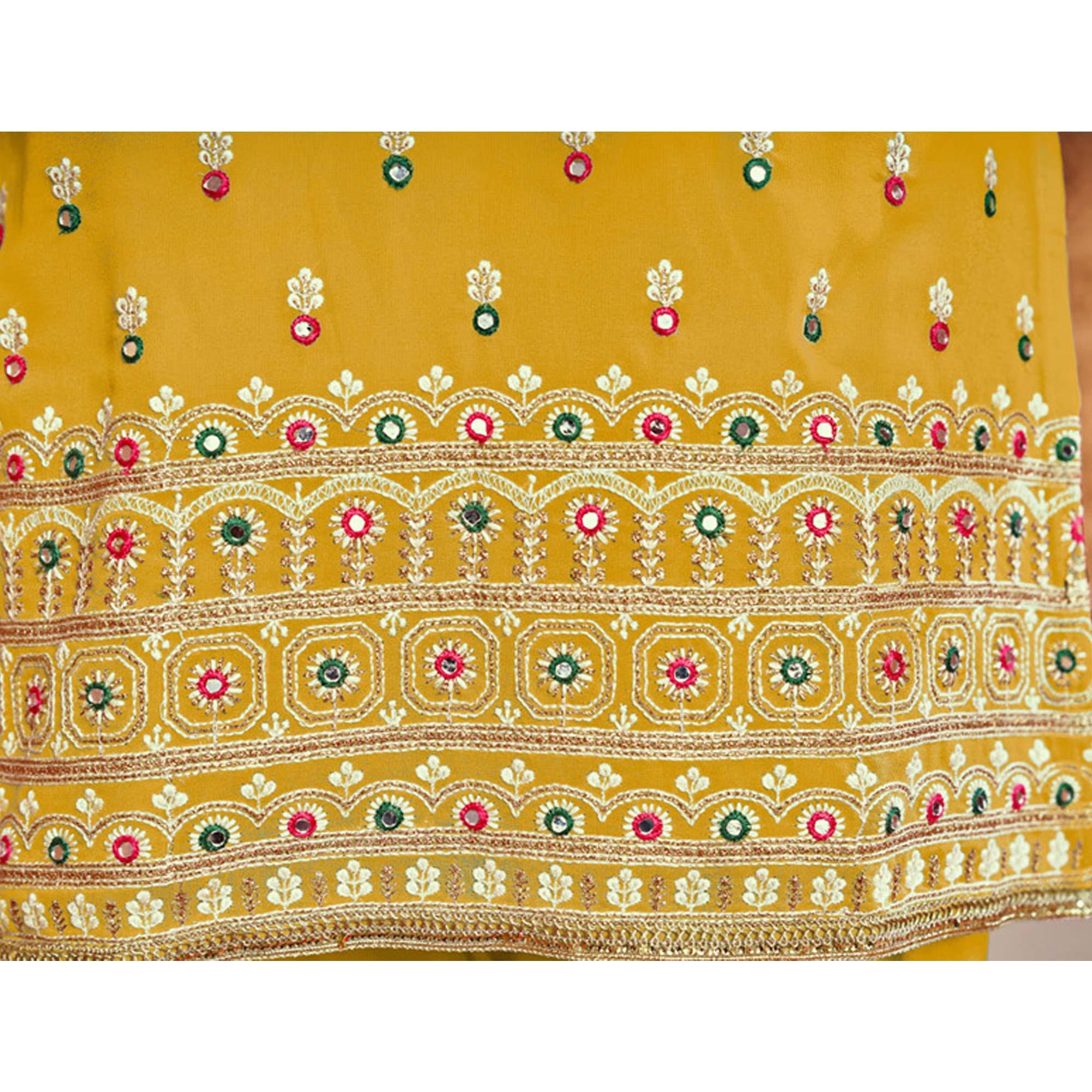 Yellow Partywear Designer Embroidered Faux Georgette Patiyala Suit - Peachmode