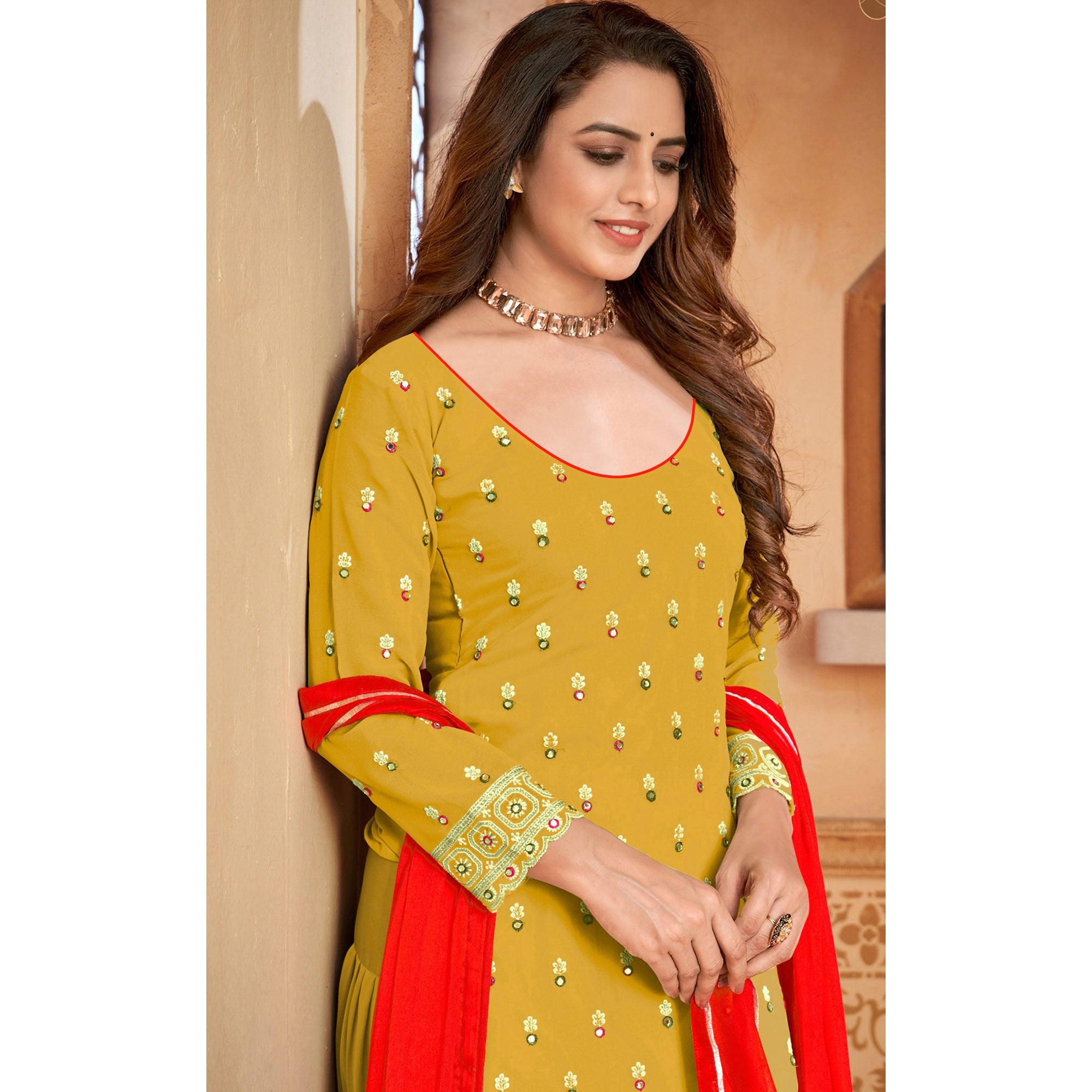 Yellow Partywear Designer Embroidered Faux Georgette Patiyala Suit - Peachmode