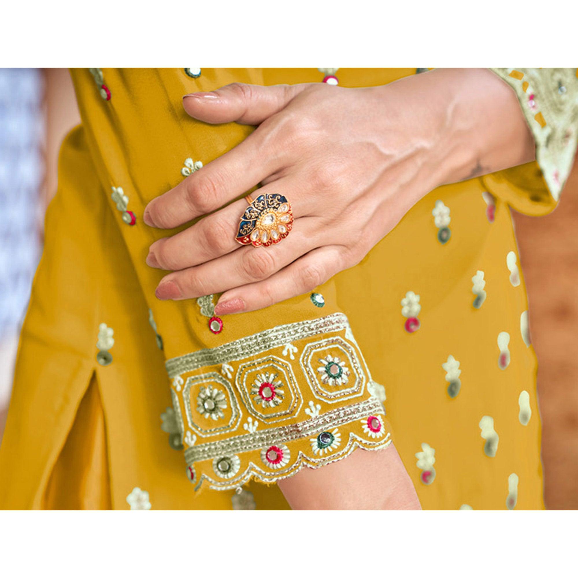 Yellow Partywear Designer Embroidered Faux Georgette Patiyala Suit - Peachmode