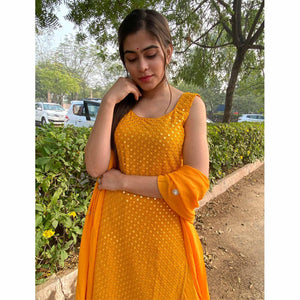 Yellow Partywear Designer Embroidered Georgette Palazzo Suit - Peachmode