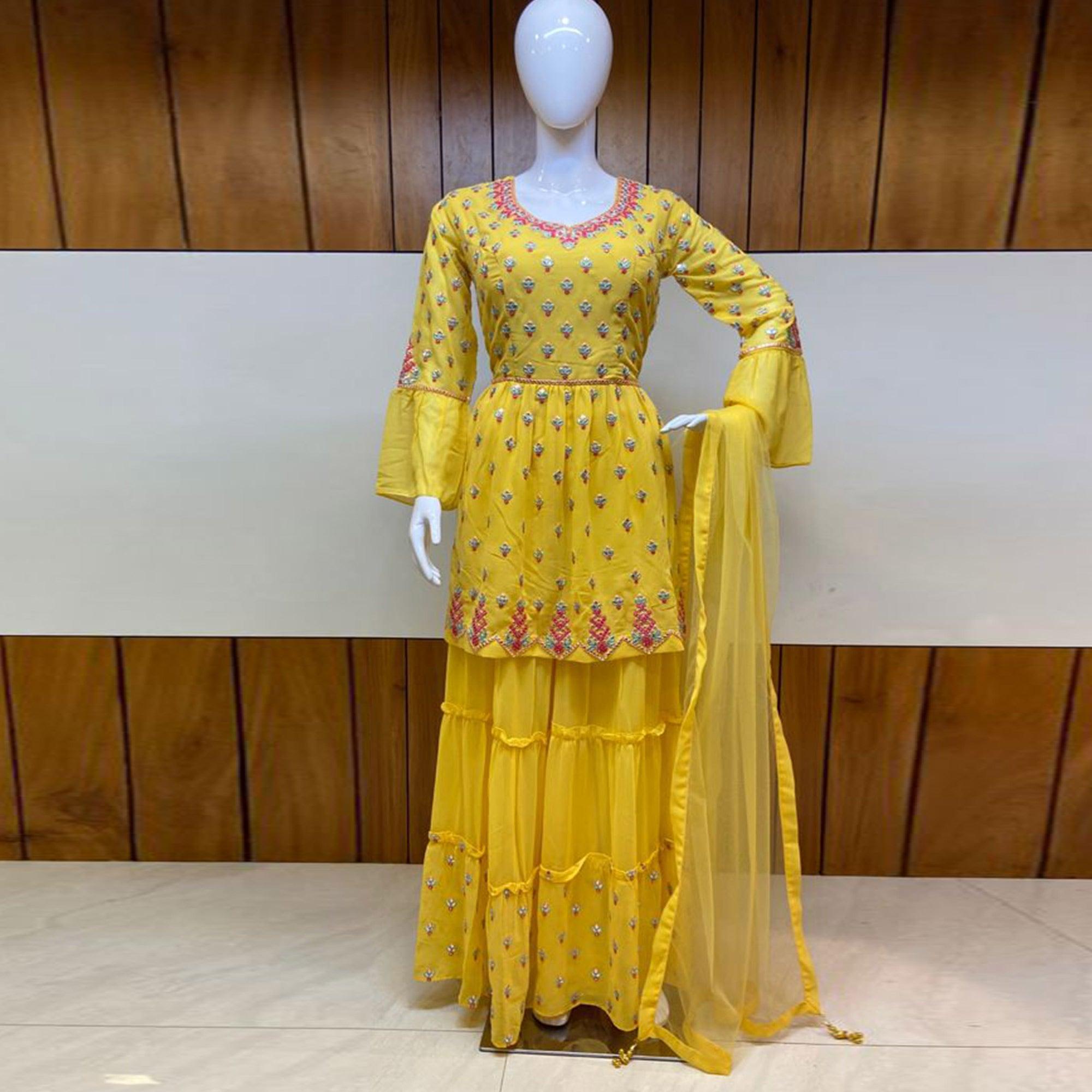 Yellow Partywear Designer Embroidery Georgette Sharara Suit - Peachmode