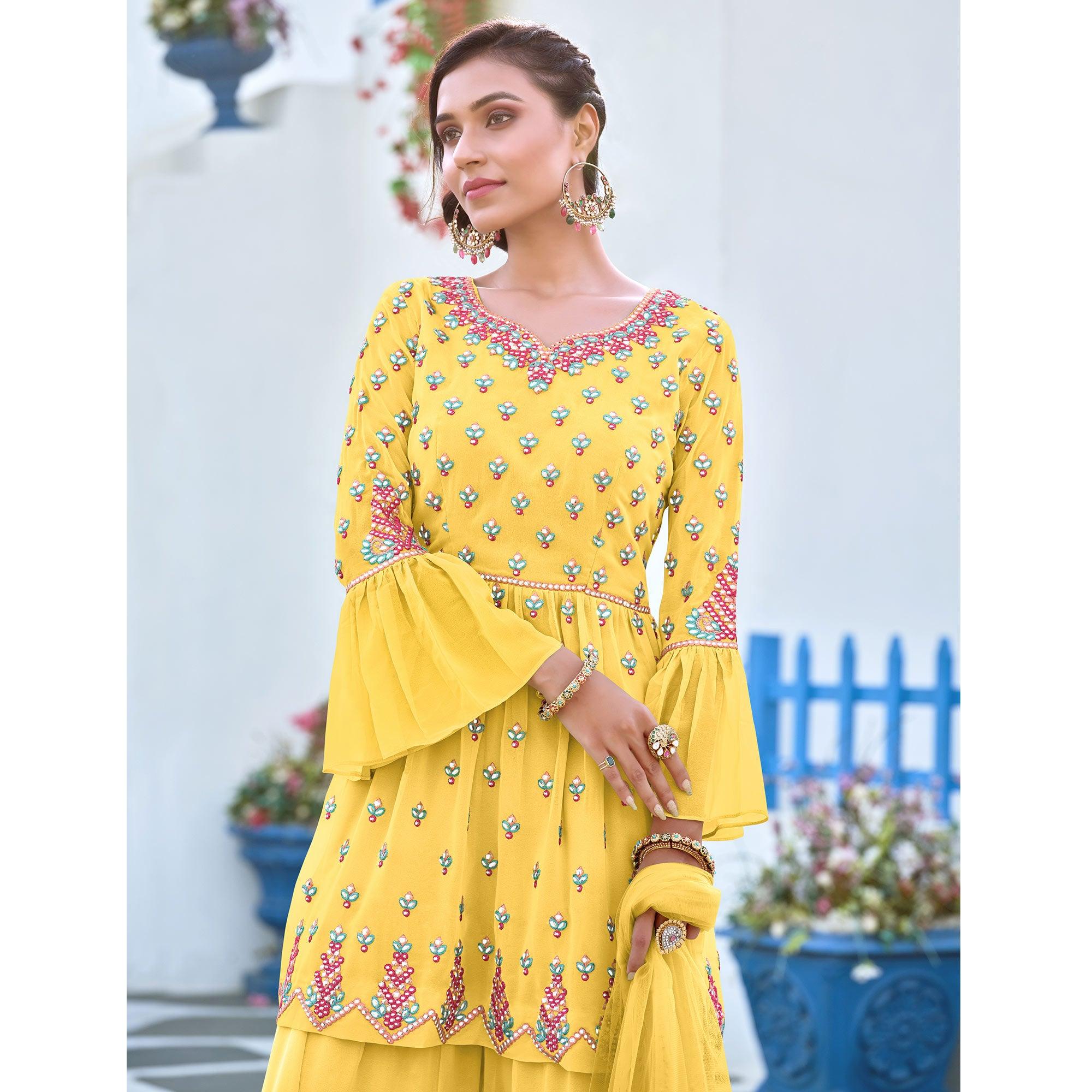 Yellow Partywear Designer Embroidery Georgette Sharara Suit - Peachmode