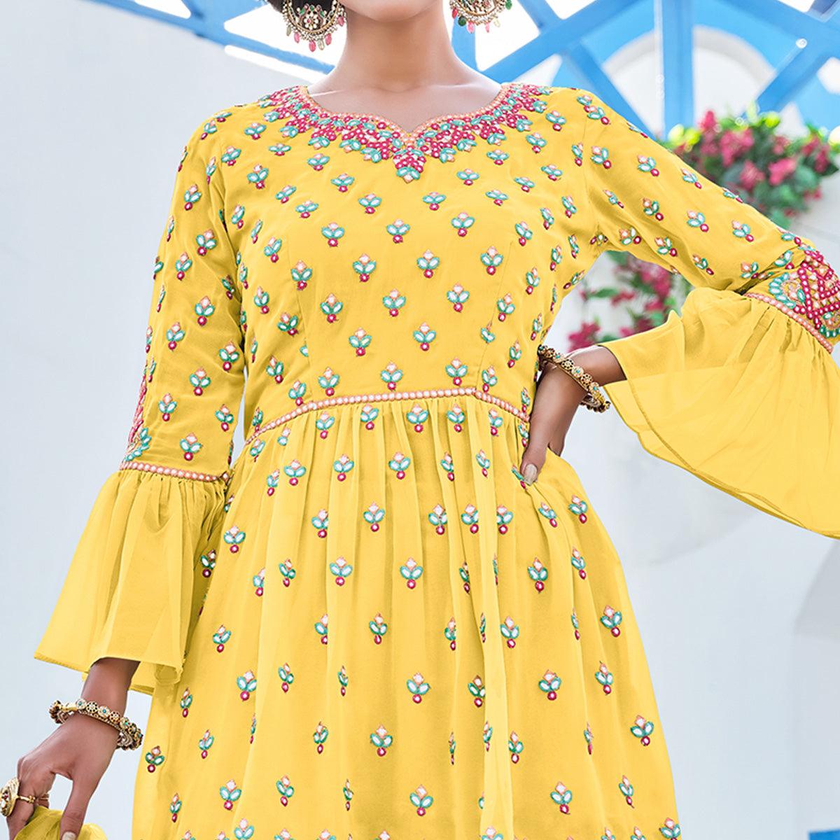 Yellow Partywear Designer Embroidery Georgette Sharara Suit - Peachmode