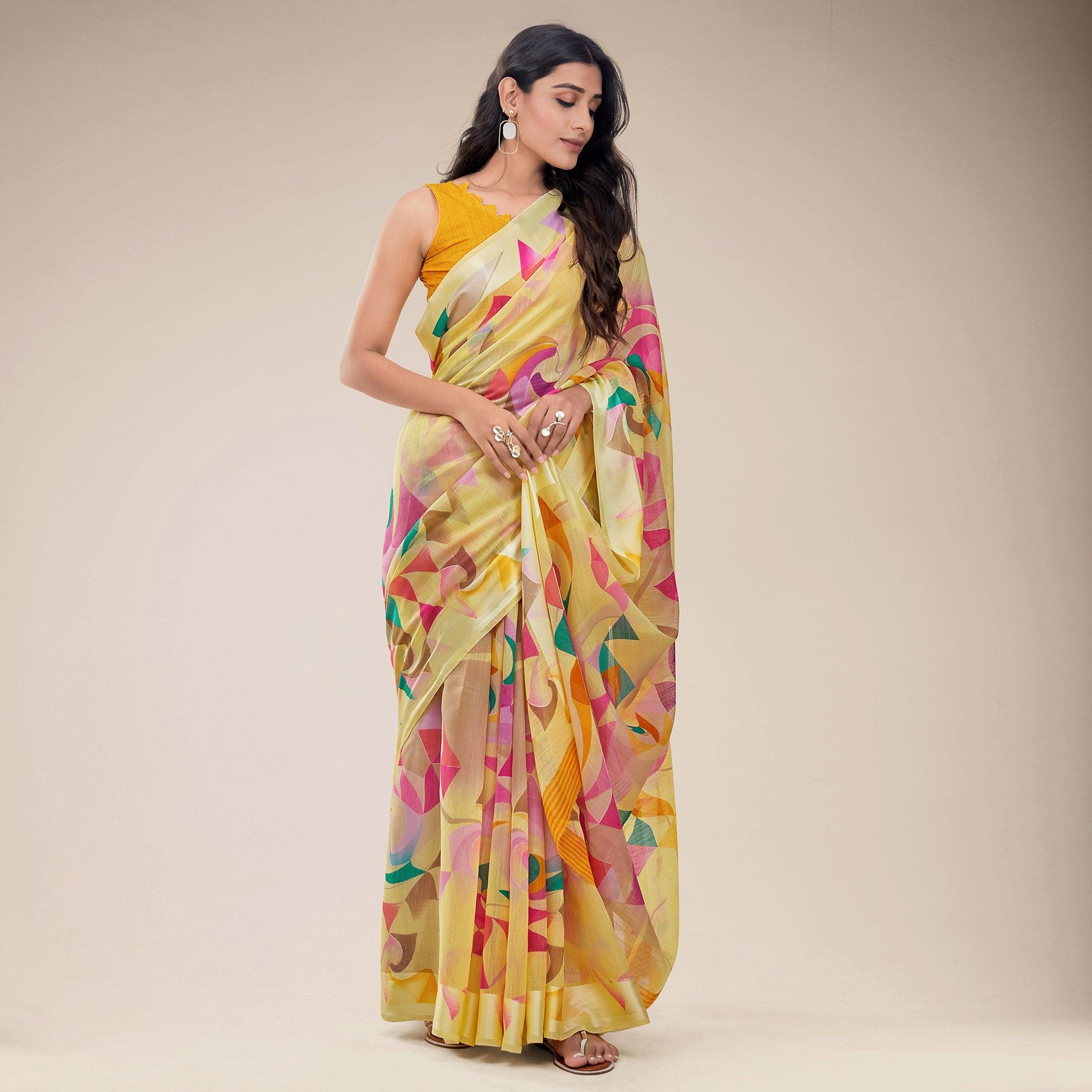 Yellow Partywear Designer Geometric Printed Linen Saree - Peachmode