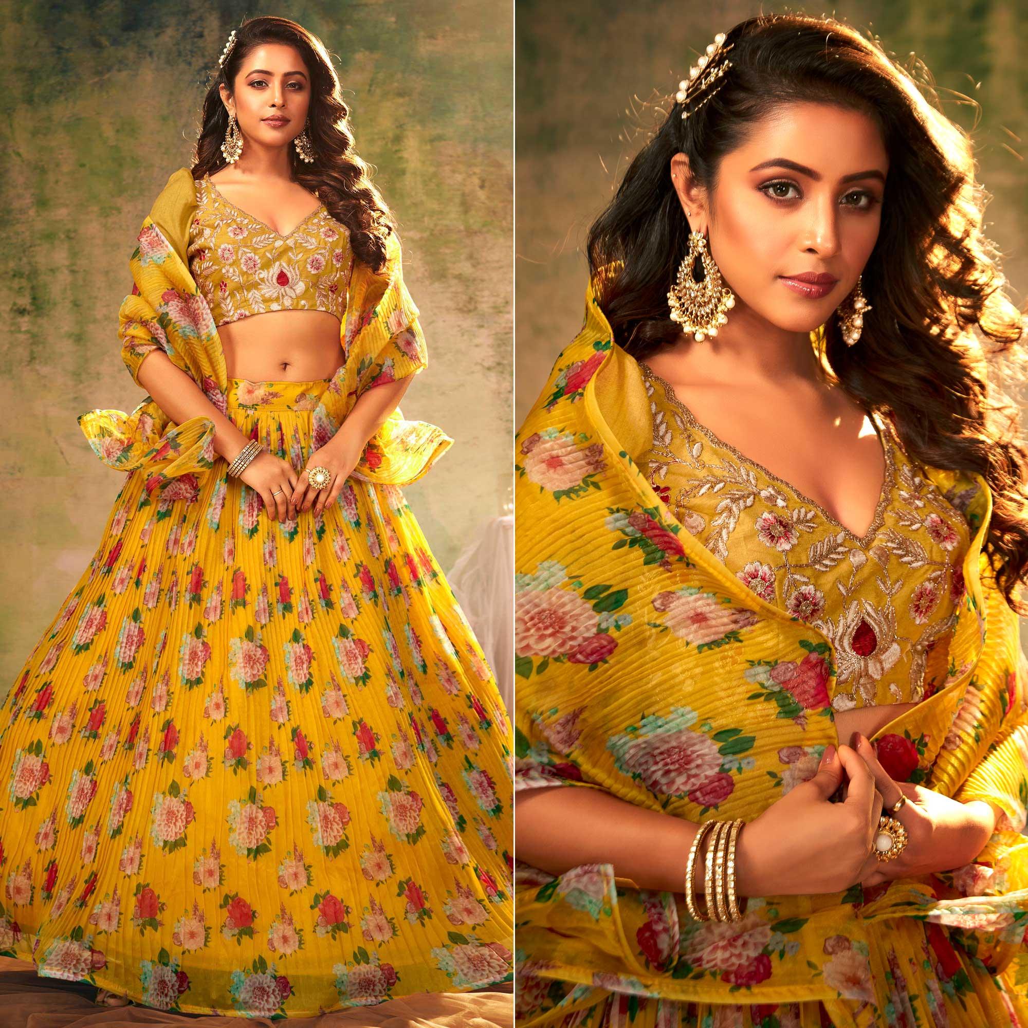 Yellow Partywear Digital Printed with Crushed Plated Pattern Organza Lehenga Choli - Peachmode
