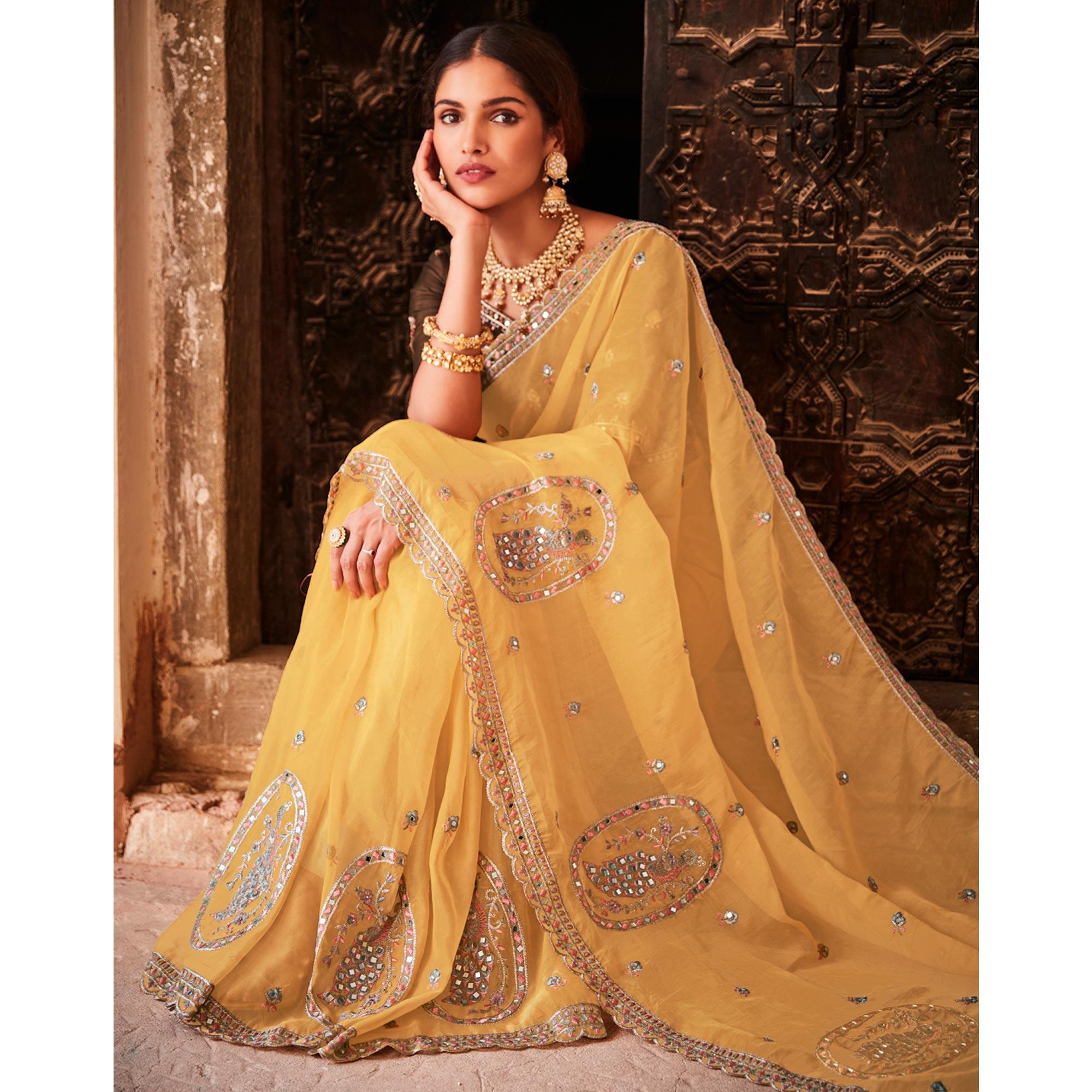 Yellow Partywear Embellished & Zari Organza Saree - Peachmode