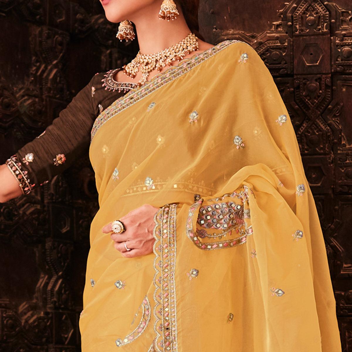 Yellow Partywear Embellished & Zari Organza Saree - Peachmode