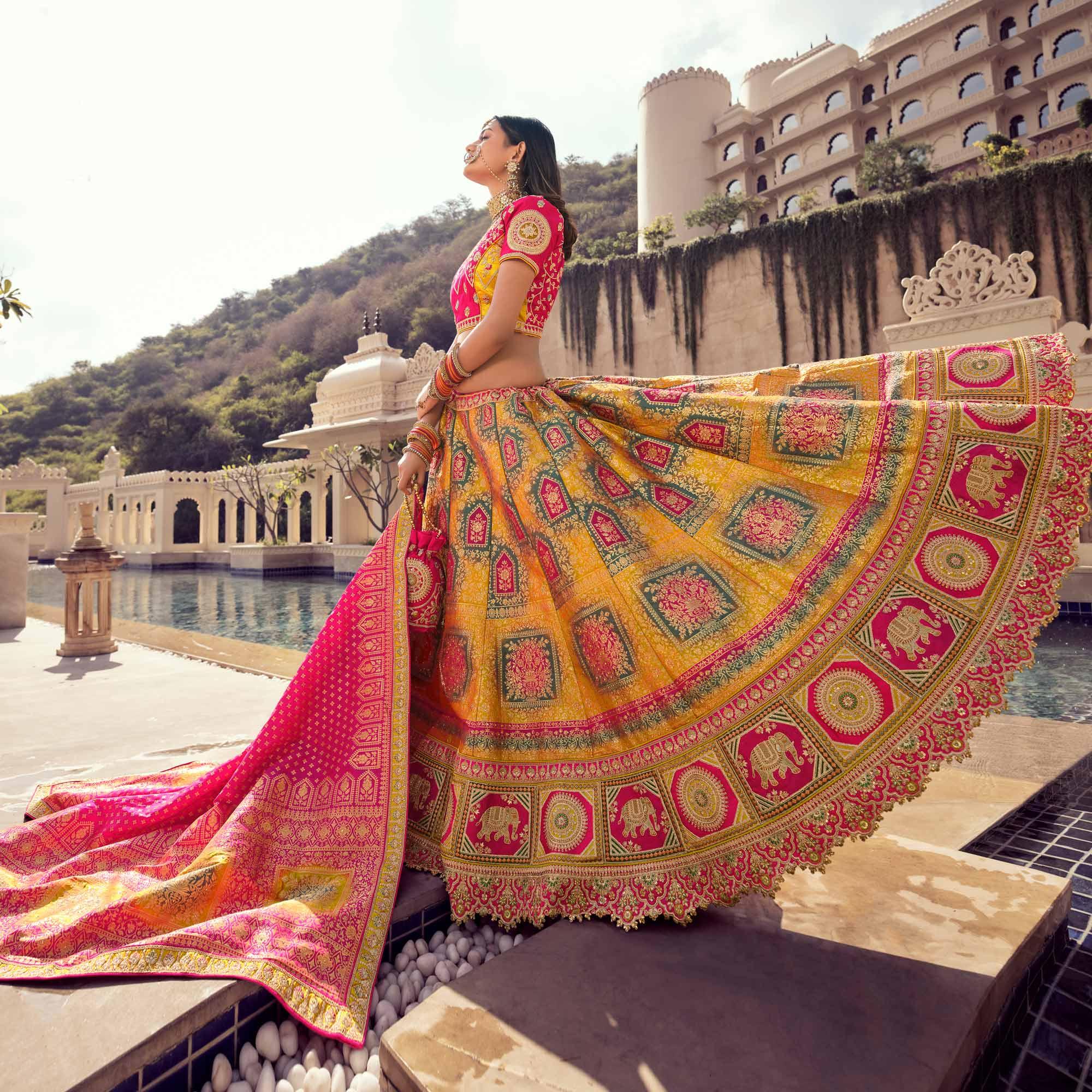 Yellow Partywear Embellished Embroidered Banarasi Silk Lehenga - Peachmode