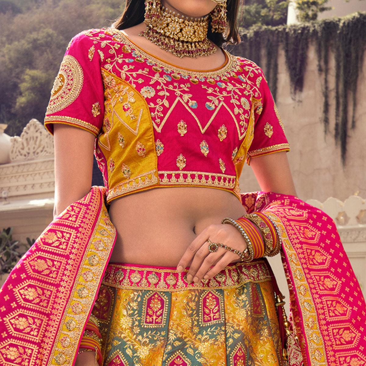 Yellow Partywear Embellished Embroidered Banarasi Silk Lehenga - Peachmode