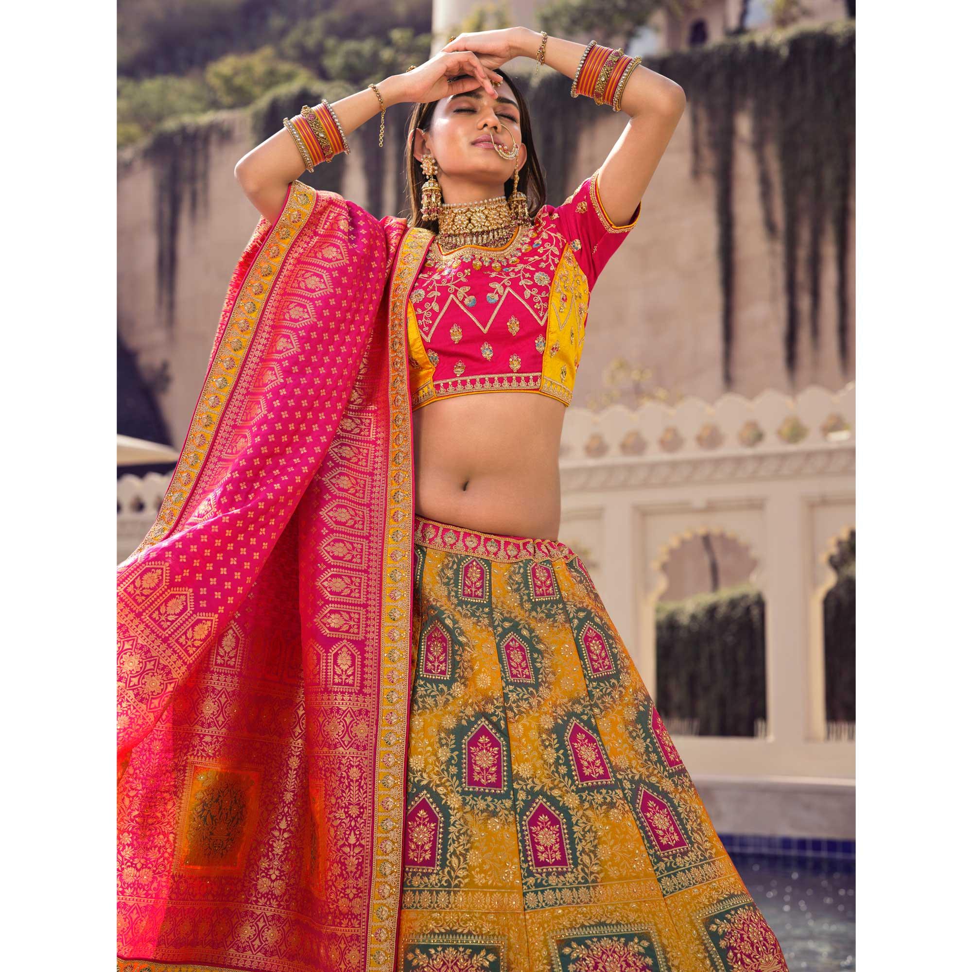 Yellow Partywear Embellished Embroidered Banarasi Silk Lehenga - Peachmode