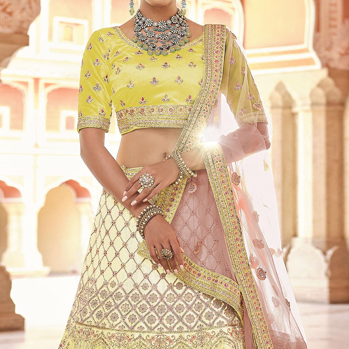 Yellow Partywear Embellished Velvet Lehenga Choli - Peachmode