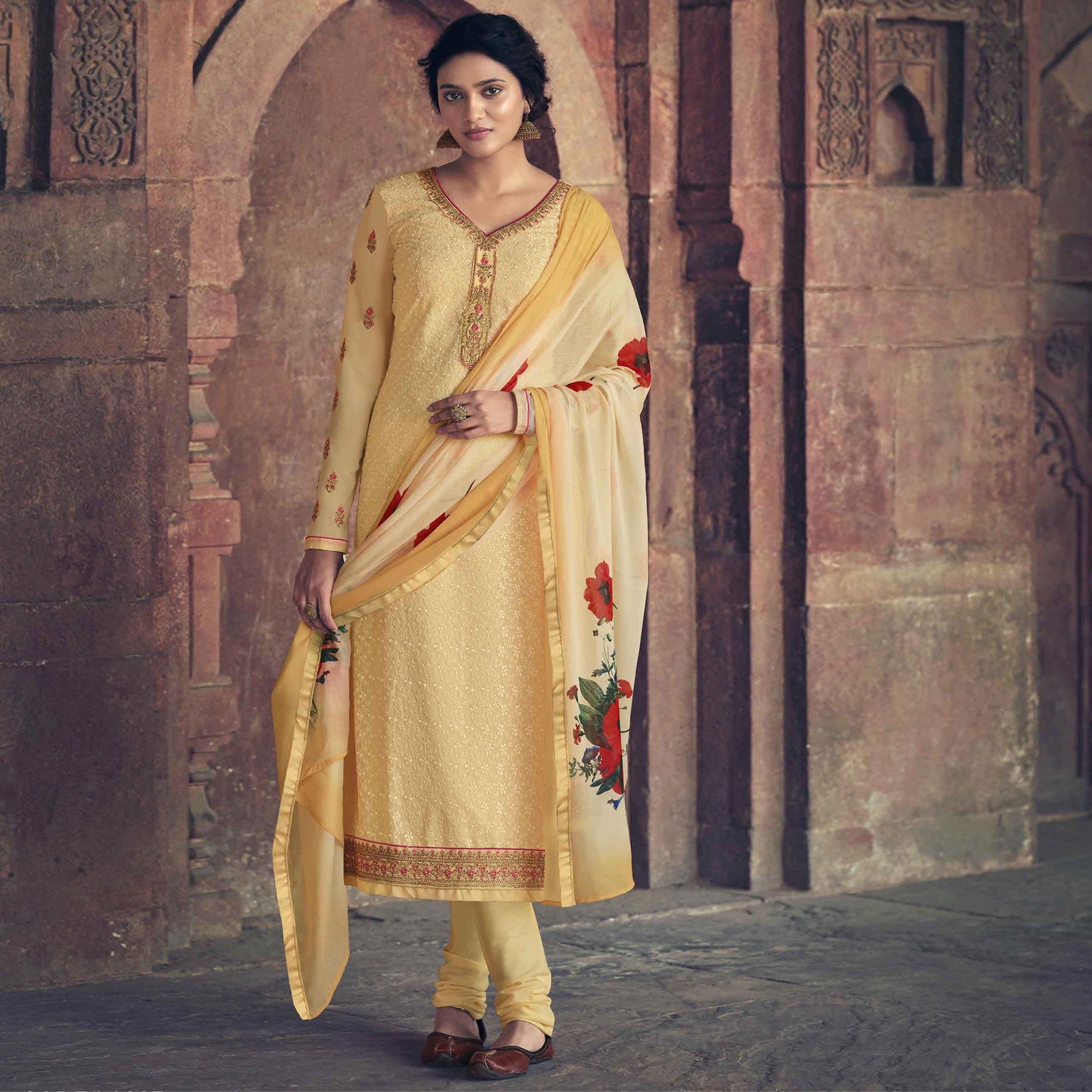 Yellow Partywear Embroidered & Embellished Faux Georgette Salwar Suit - Peachmode