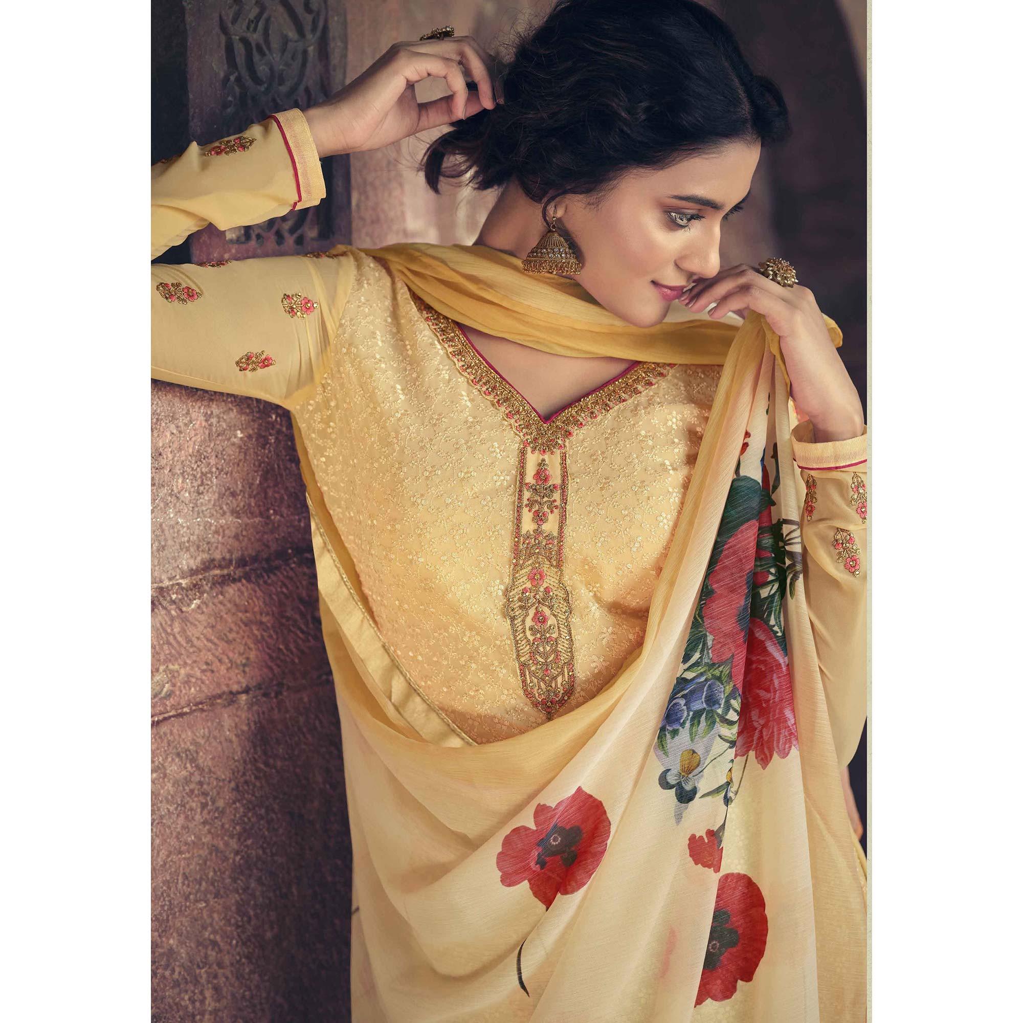 Yellow Partywear Embroidered & Embellished Faux Georgette Salwar Suit - Peachmode