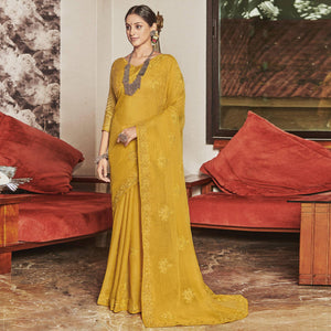 Yellow Partywear Embroidered Chiffon Saree - Peachmode