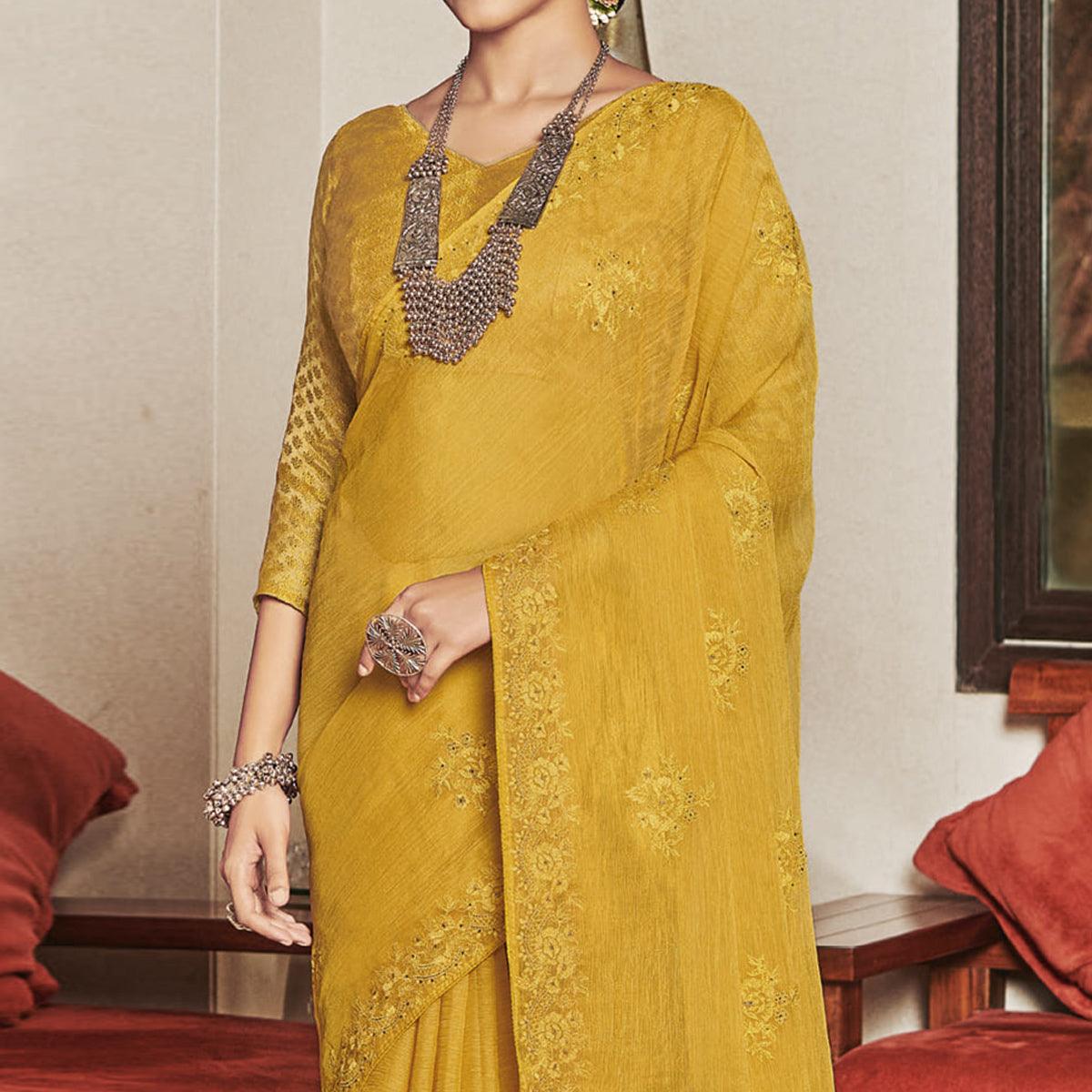 Yellow Partywear Embroidered Chiffon Saree - Peachmode
