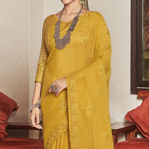 Yellow Partywear Embroidered Chiffon Saree - Peachmode