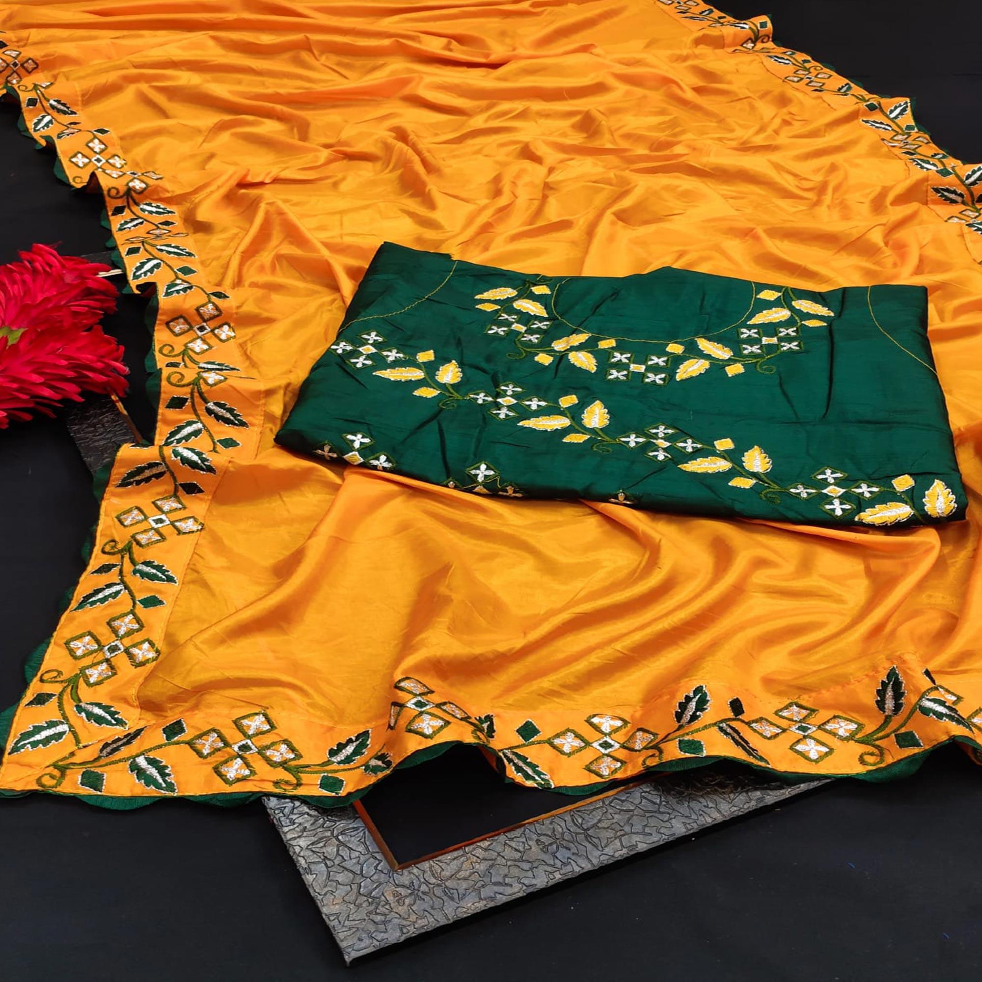 Yellow Partywear Embroidered Dola Silk Saree - Peachmode