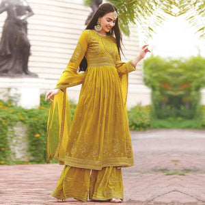 Yellow Partywear Embroidered Faux Georgette Salwar Suit - Peachmode