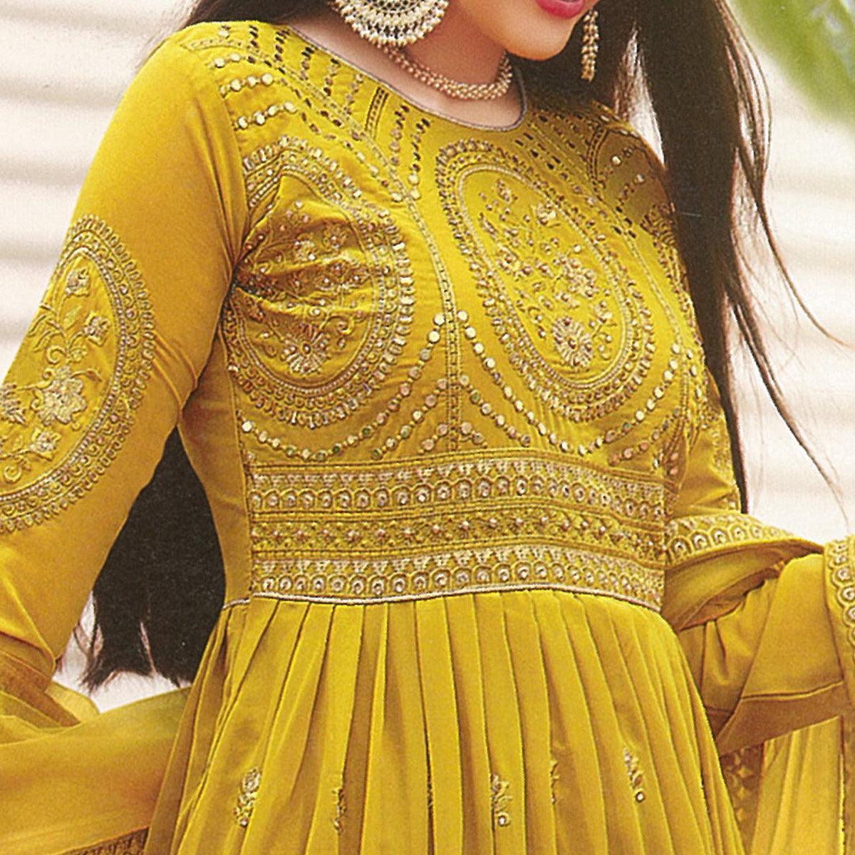 Yellow Partywear Embroidered Faux Georgette Salwar Suit - Peachmode