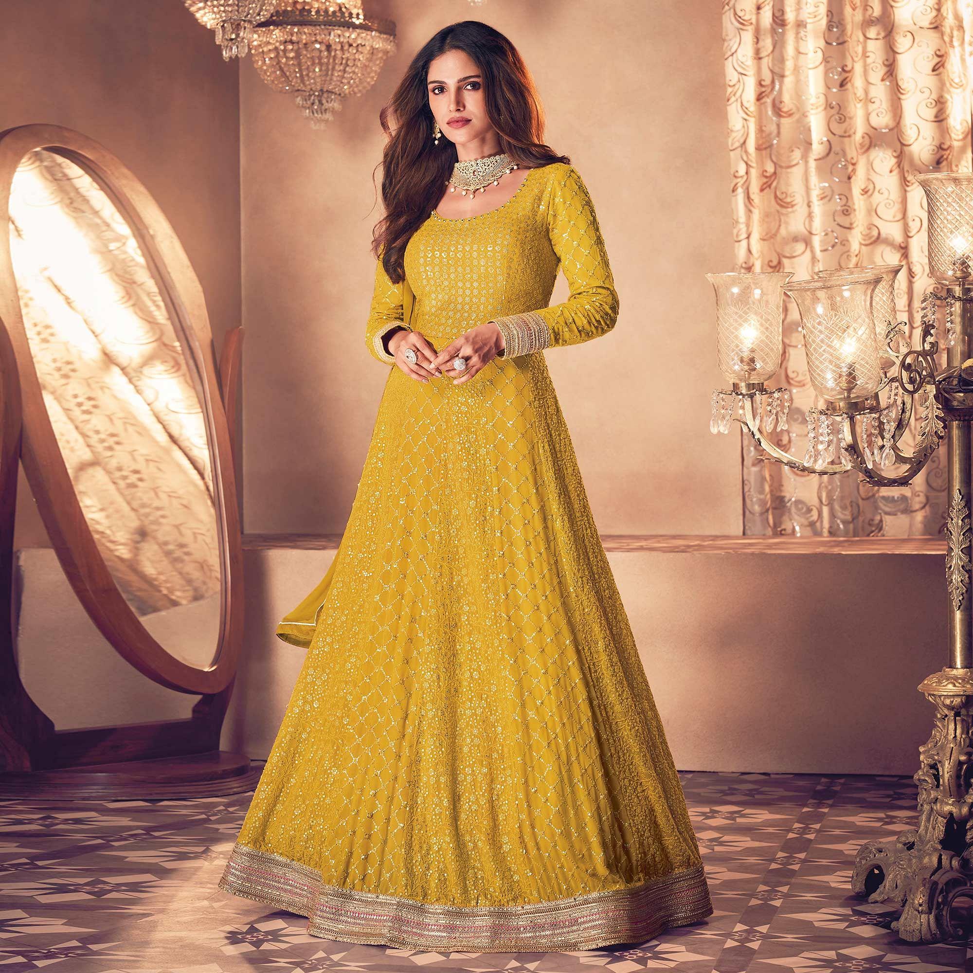 Yellow Partywear Embroidered Georgette Anarkali Suit - Peachmode
