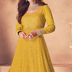 Yellow Partywear Embroidered Georgette Anarkali Suit - Peachmode