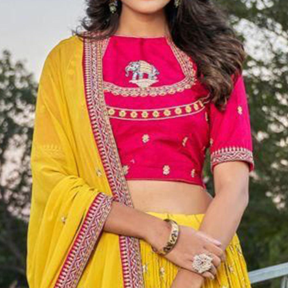 Yellow Partywear Embroidered Georgette Lehenga Choli - Peachmode