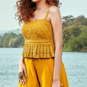 Yellow Partywear Embroidered Georgette Palazzo Suit - Peachmode