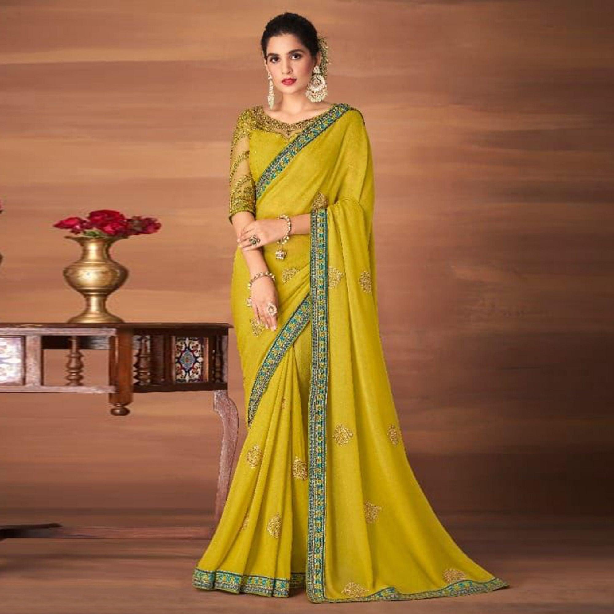Yellow Partywear Embroidered Georgette Saree - Peachmode