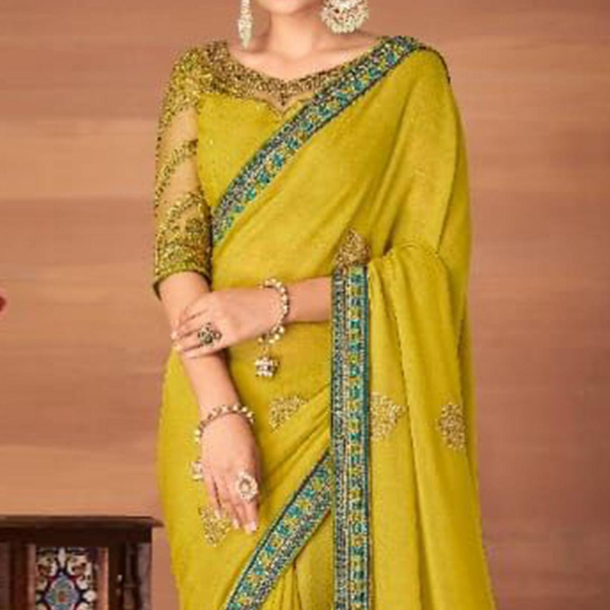 Yellow Partywear Embroidered Georgette Saree - Peachmode