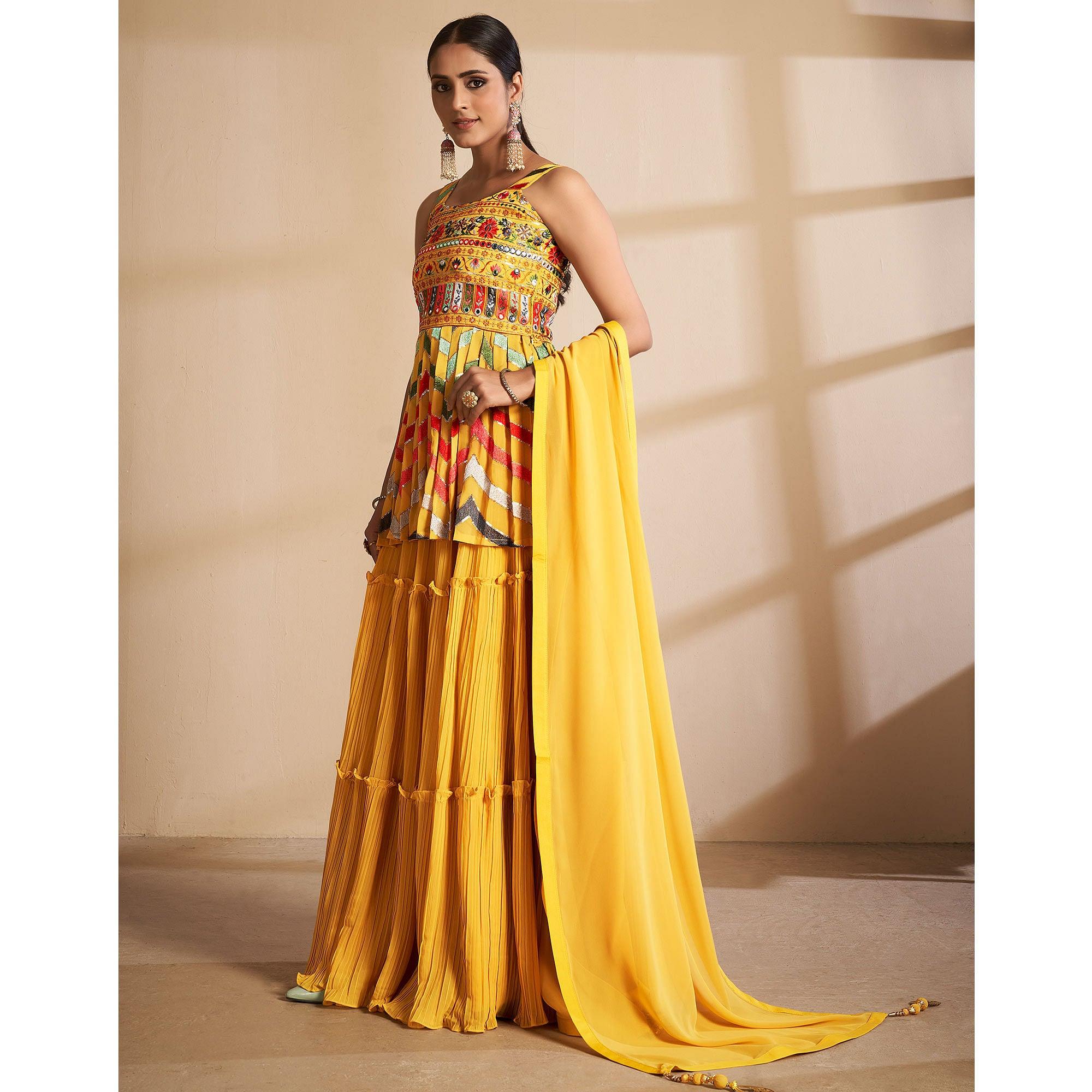 Yellow Partywear Embroidered Georgette Sharara Suit - Peachmode