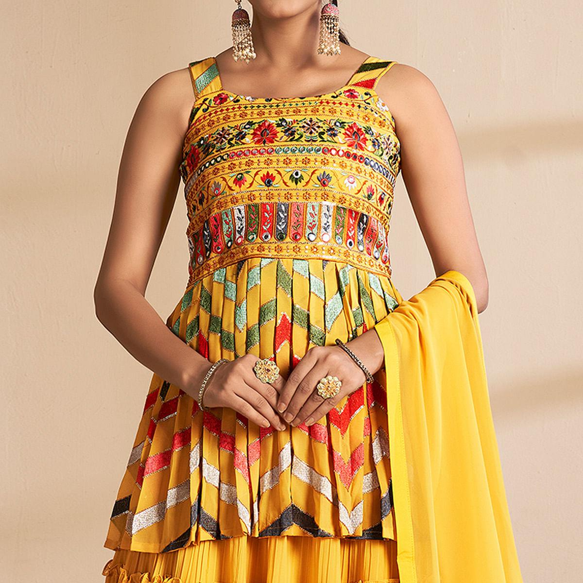 Yellow Partywear Embroidered Georgette Sharara Suit - Peachmode