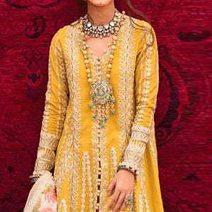 Yellow Partywear Embroidered Heavy Jam Cotton Pakistani Suit - Peachmode